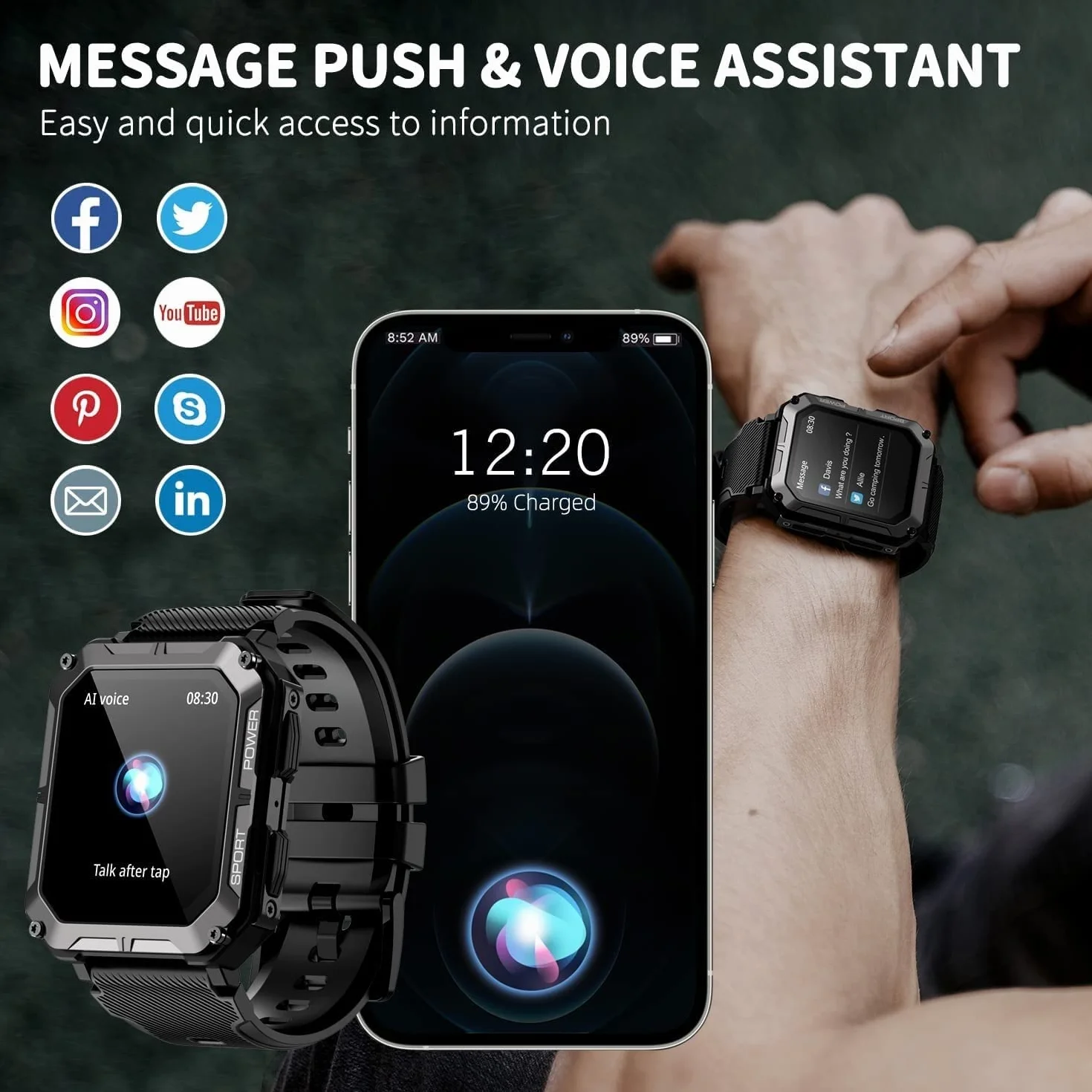 Inteligentny zegarek dla mężczyzn IP68 Wodoodporne połączenia (odbieranie/wybieranie połączeń) 1,83 '' Zegarek fitness Tracker Tactical dla Androida iOS Outdoor Sports (Color : Black)