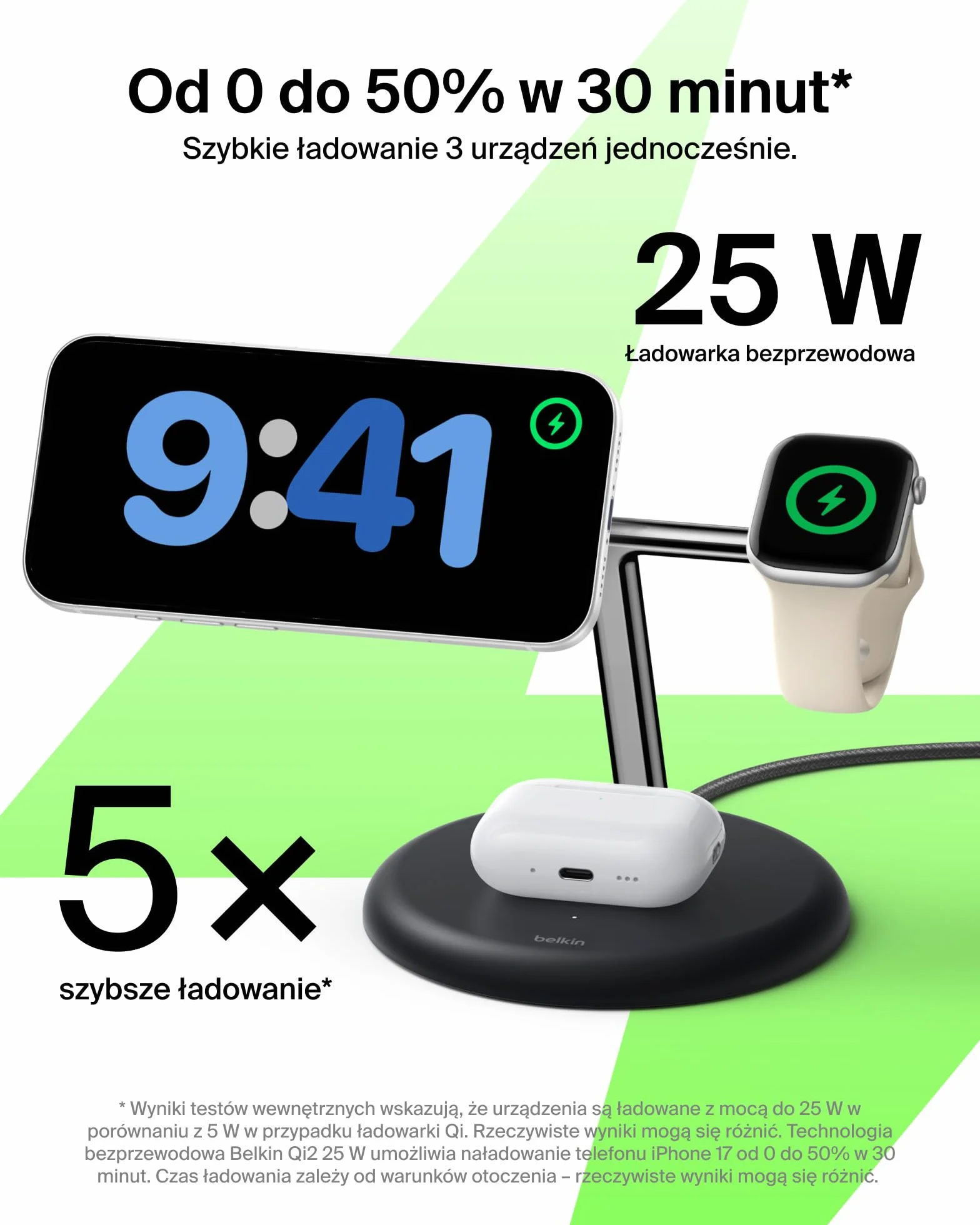 Belkin UltraCharge Bezprzewodowa Stacja Ładująca 3 w 1 z Qi2, 25 W – Czarna | Zgodna z MagSafe Ładowarka do Urządzeń iPhone, Apple Watch i Słuchawek, Certyfikat Qi2.2, z Kablem USB-C i Zasilaczem 45 W