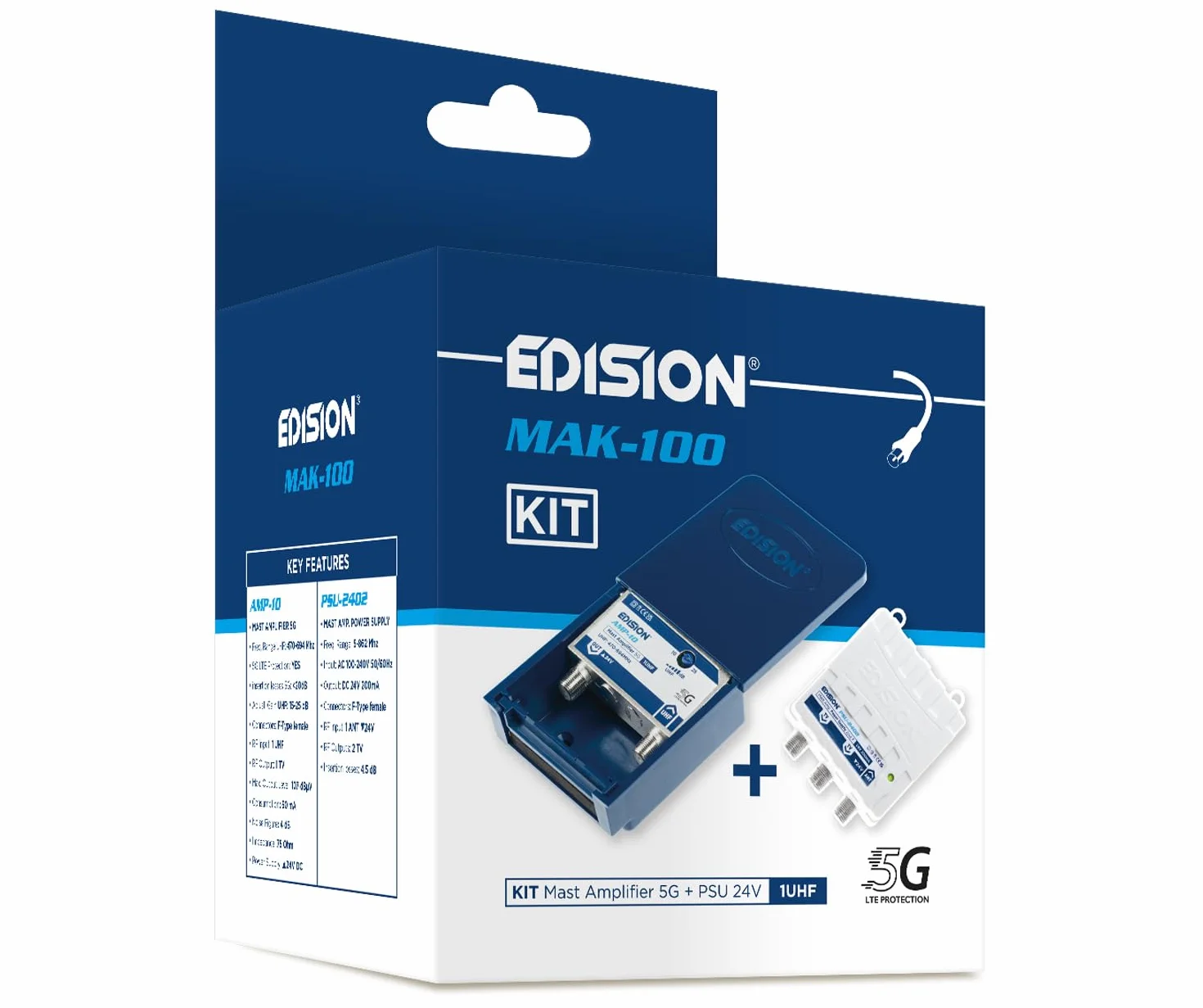 EDISION Zestaw MAK-100: Wzmacniacz anteny telewizyjnej 1UHF, 10-25dB, 107 dBmV, 24 V, do cyfrowej naziemnej DVB-T/T2, z filtrem 5G LTE + zasilaczem 24 V 200 mA F, 2 wyjścia