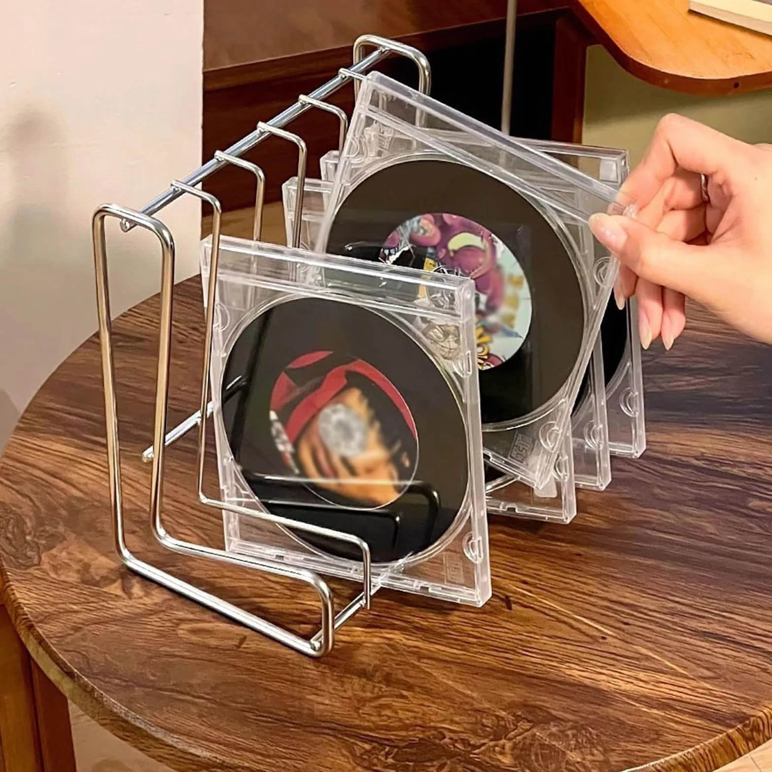 Stojak na płyty Mały, minimalistyczny stojak na płyty CD ze stali nierdzewnej do biura i biurko przechowywania