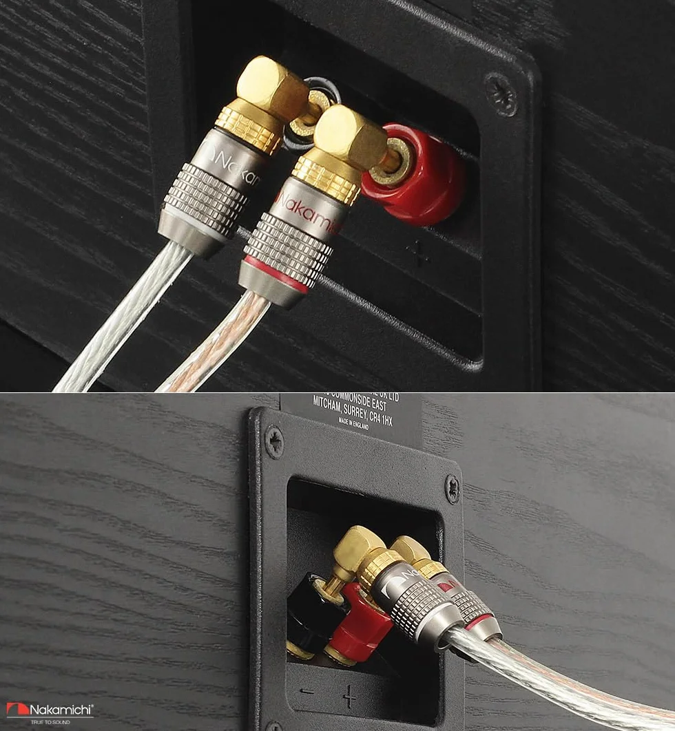 Nakamichi FanLock Wtyk kątowa 90 stopni bananowy platerowany 24-karatowym złotem 10 AWG - 18 AWG Rozmiar miernika 4 mm dla głośników Wzmacniacz Kino domowe Kabel Szybkozłącze, 2 Sztuki (1-Para)