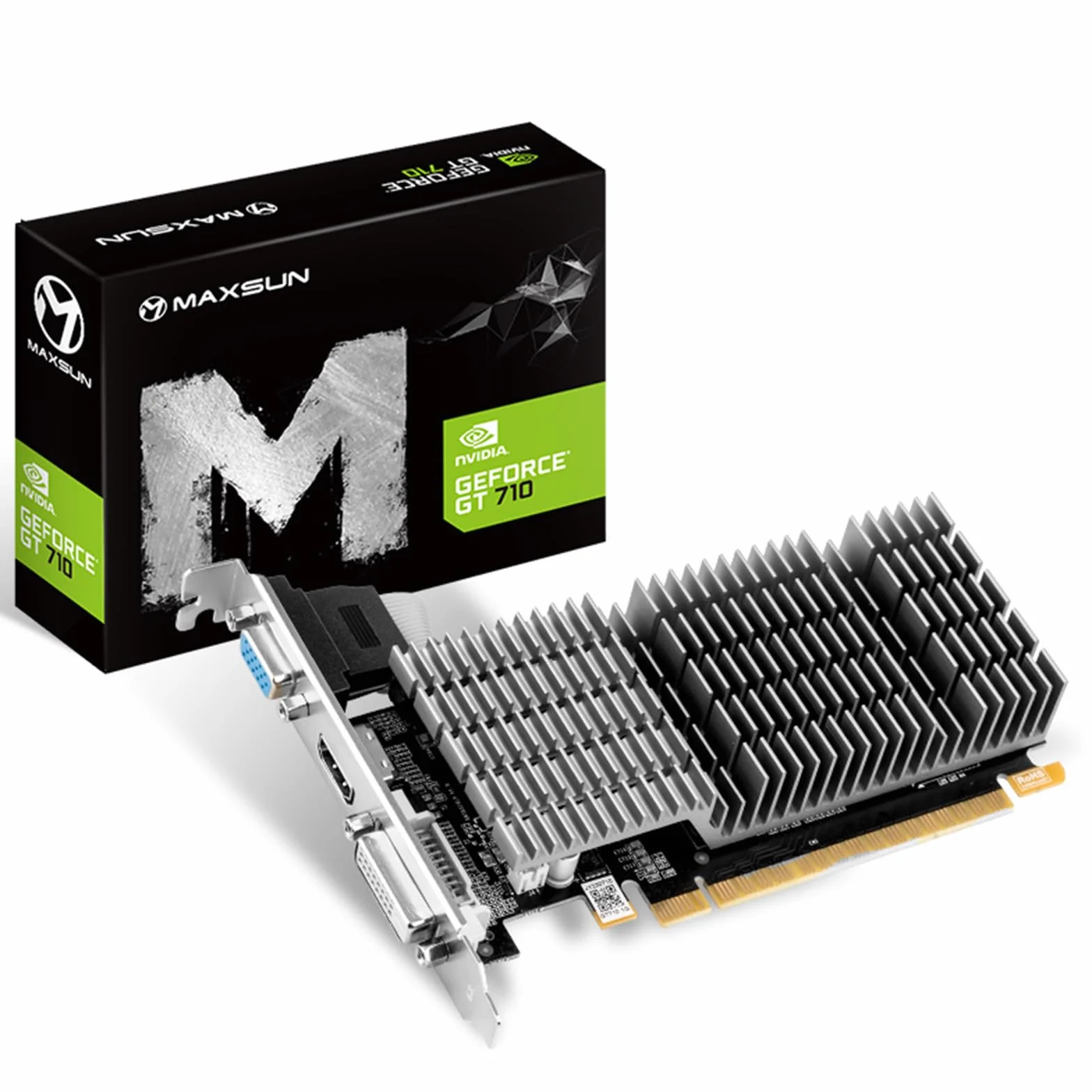 maxsun Karta graficzna NVIDIA GeForce GT 710 2 GB – karta graficzna GPU (pasywny, niski profil, niski pobór mocy, VGA, DVI-D, HDMI, GDDR3, HTPC, pasywny cichy system chłodzenia bez wentylatora)