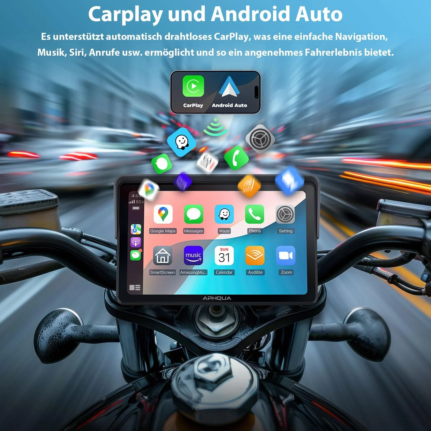 Ekran motocyklowy 7" CarPlay i Android Auto bezprzewodowy – wodoodporny ekran dotykowy IP67 do motocykli z nawigacją GPS, Bluetooth Trans, Siri, zestaw głośnomówiący – Model A722