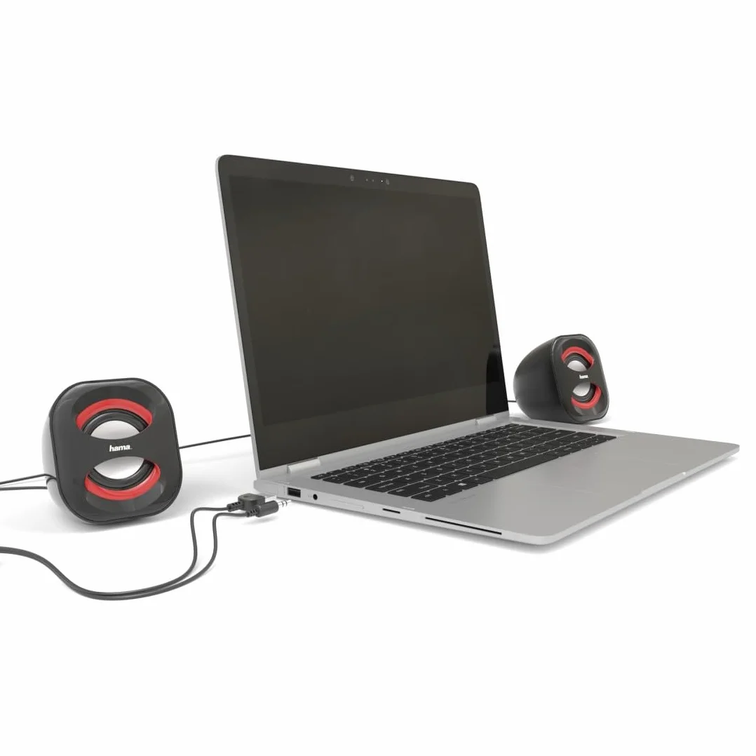 Hama Przewodowe głośniki do laptopa "Sonic Mobil 183" (Jack 3,5mm, regulator głośności, stereo, 120-20000 Hz, 7,2 x 7,5 x 8,2 cm) czarne/czerwone
