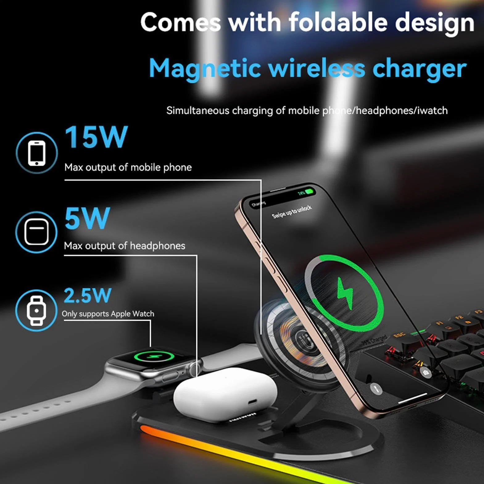 Podkładka Biurkowa z Ładowarką Bezprzewodową Gumowa Mata 15W | Bardzo Duża 80x30x0.4 cm Gumowa Podkładka RGB Do Gier, PC, Zegarka, Laptopa, Biura i