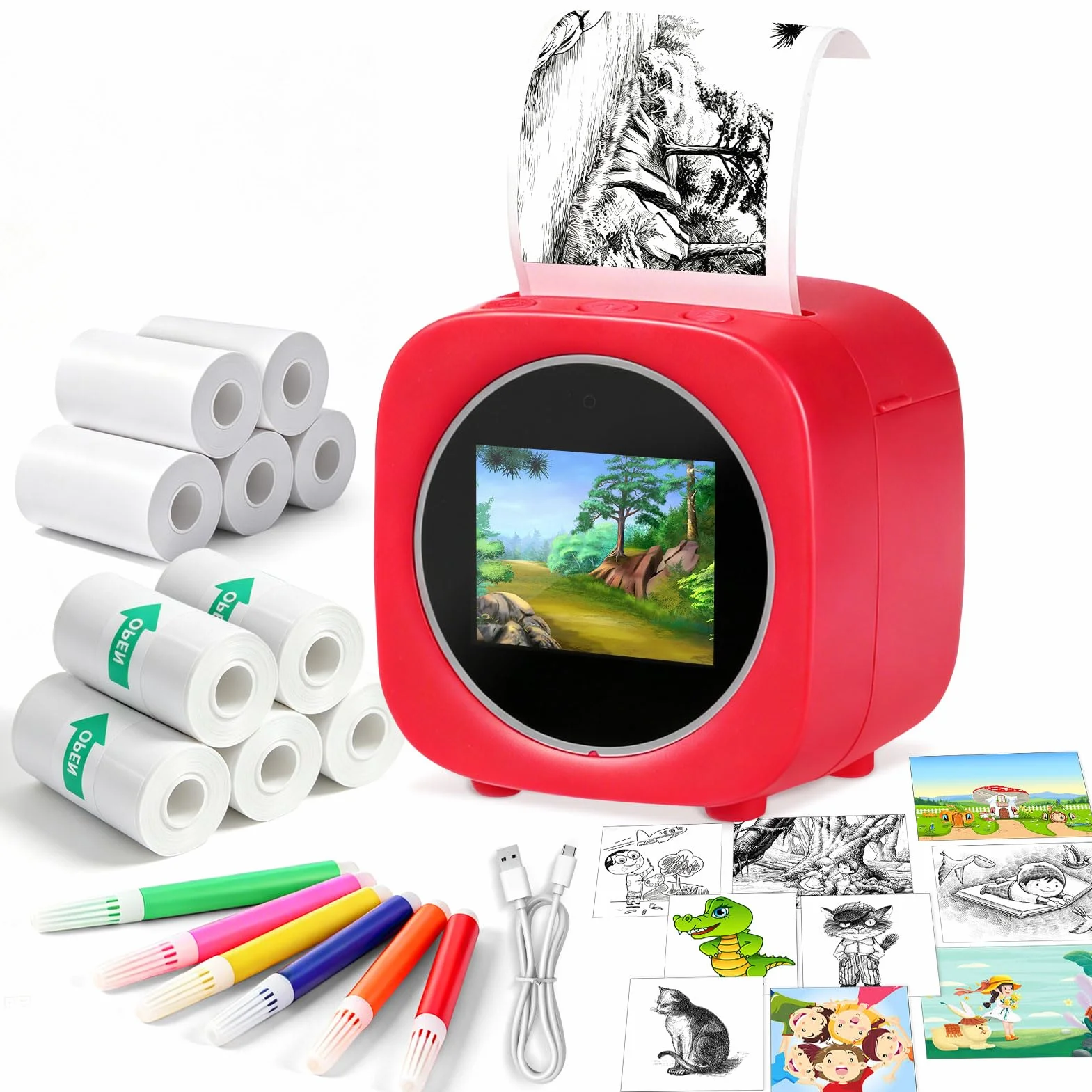 AI drukarka pudełkowa, inteligentna drukarka naklejek głosowych z wyświetlaczem i sterowaniem głosowym, mini drukarka termiczna z 10 rolkami papieru fotograficznego i 6 kolorowymi pisakami, "zrób to