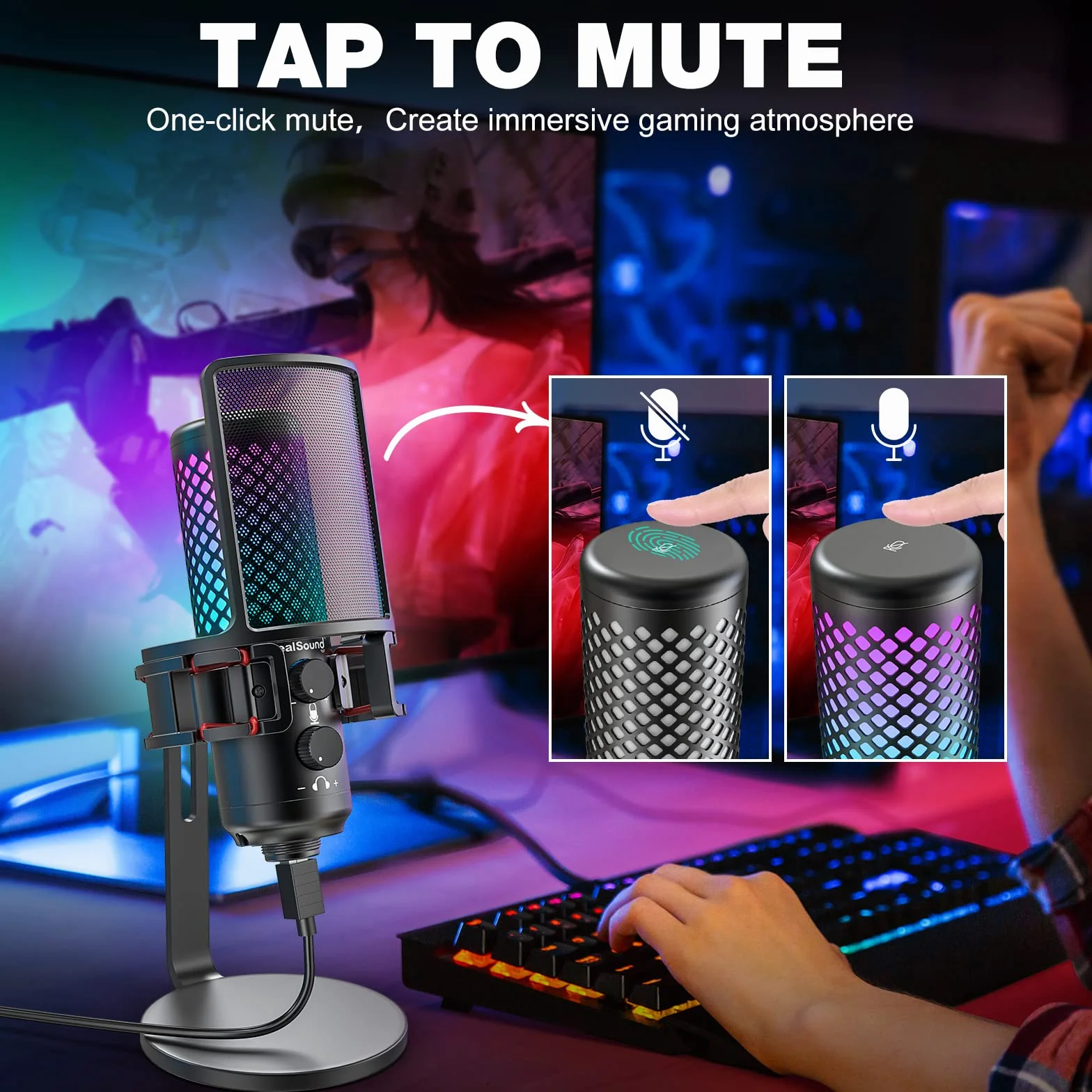 zealsound Mikrofon do gier, mikrofon pojemnościowy RGB USB do PS4 i 5, PC SMARTFOE, z adapterem Lightning i typu C, filtr pop, pokrętło wzmocnienia do podcastów, strumieniowania, nagrywania, konstrukcji w całości metalowej, BKD12A
