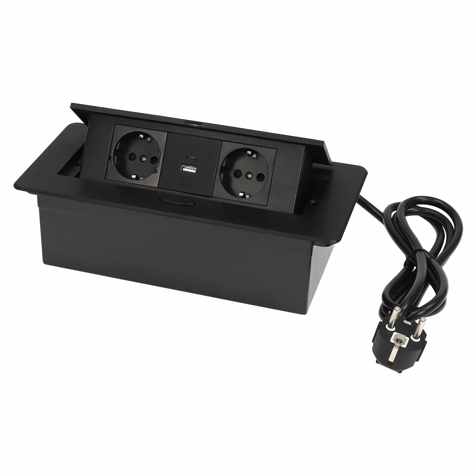 Wysuwana listwa zasilająca, gniazdo wtykowe do zabudowy z USB + typ C Pop Up, gniazdko biurkowe, gniazdko na biurko z 2 gniazdami UE do blatu roboczego, biura (czarna)