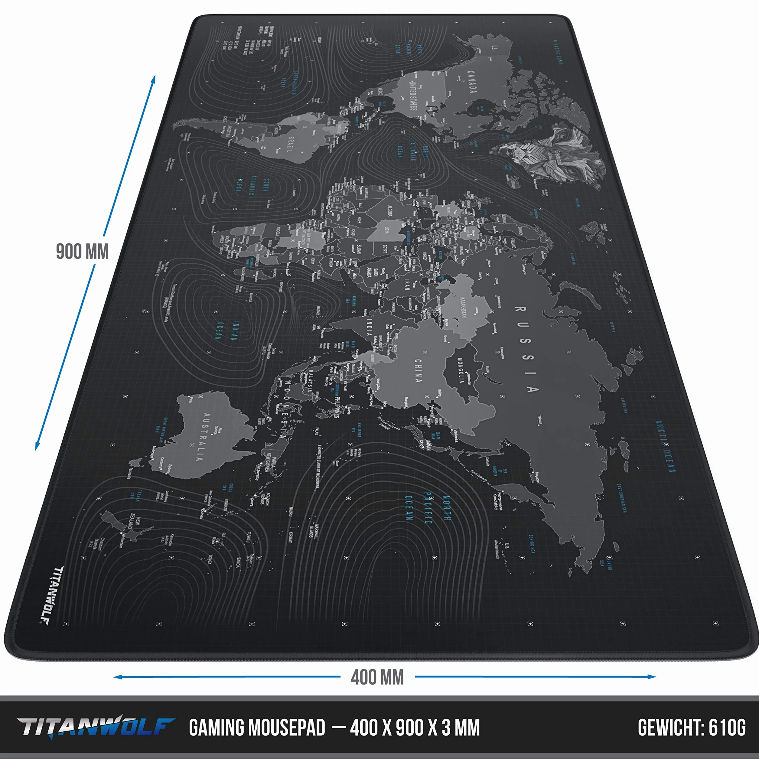 TITANWOLF XXL Speed Gamingowa podkładka pod mysz – 900 x 400 mm – podkładka pod mysz XXL, duży rozmiar, poprawia precyzję i prędkość – antypoślizgowa, designerska mapa świata z głową wilka