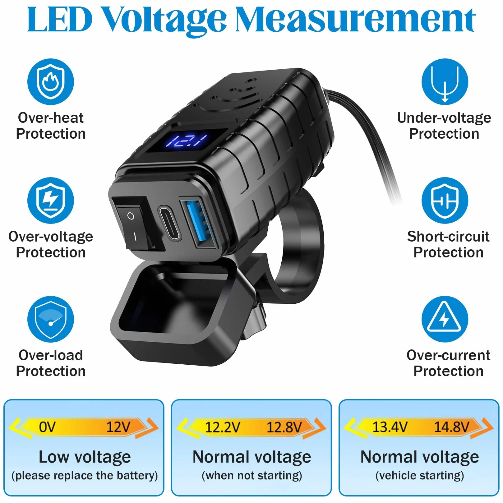 Idota Motocyklowe gniazdo USB Multi kabel USB adapter szybkozłączki | Wodoszczelna ładowarka z włącznikiem/wyłącznikiem i funkcją Quick Charge typu C do motocykli i kamperów