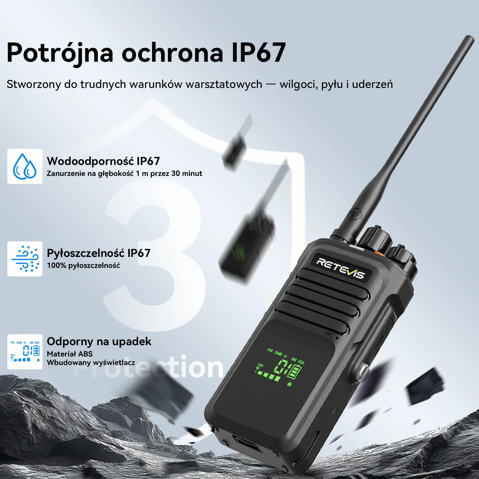Retevis NR40 Krótkofalówki dla Dorosłych, Radiotelefon DMR Dalekiego Zasięgu, Wodoszczelność IP67, 2800 mAh, Czysta jakość Dźwięku, Wytrzymałe Radio dla Logistycznych (Czarne, 1 Opakowanie)