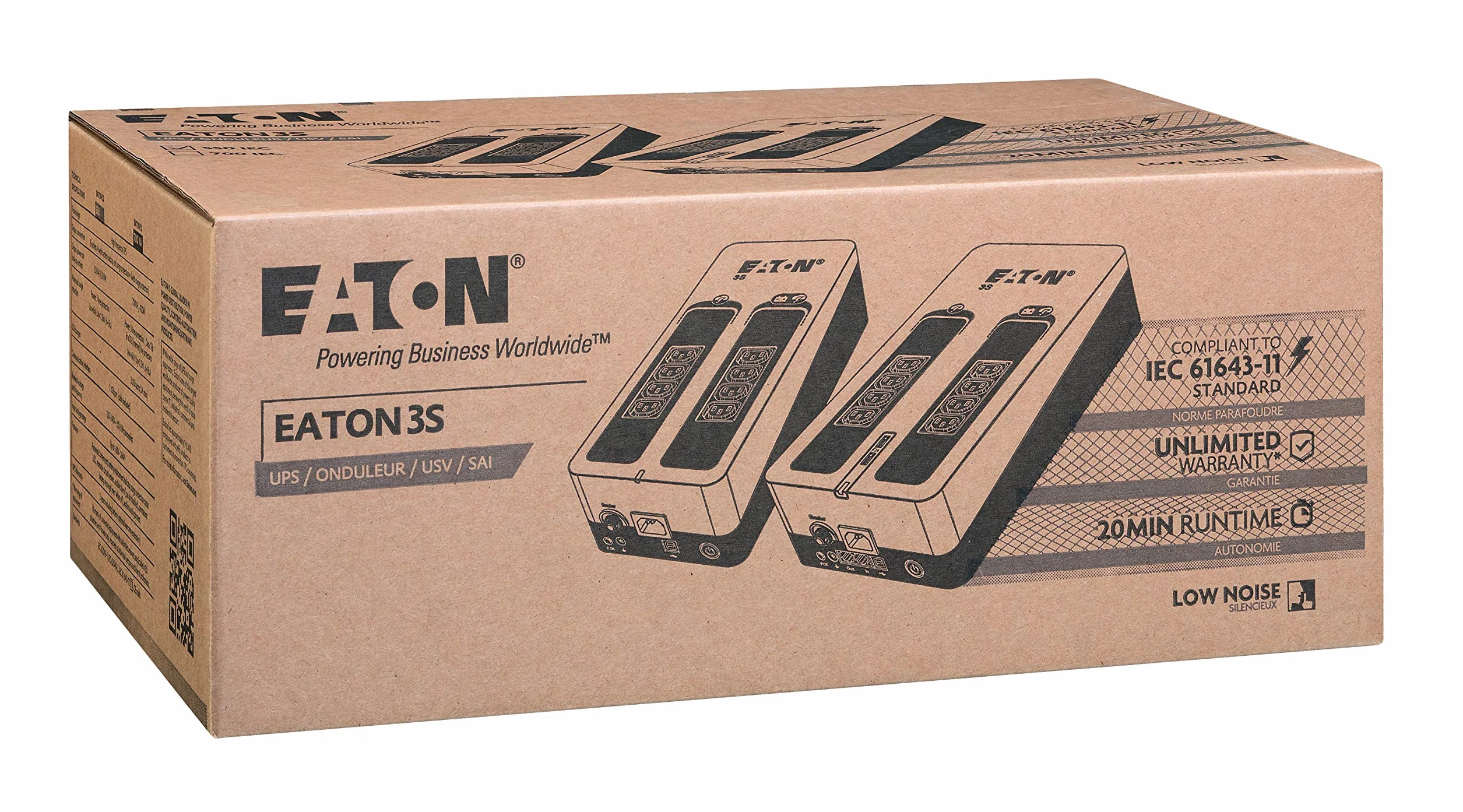 Eaton 3S 700 IEC - 3S700I - zasilacz bezprzerwowy (UPV) - 700 VA z ochroną przed przepięciem (8 wyjść IEC, ochrona przed przepięciem, 2 porty ładowania USB typu A) - biały i czarny