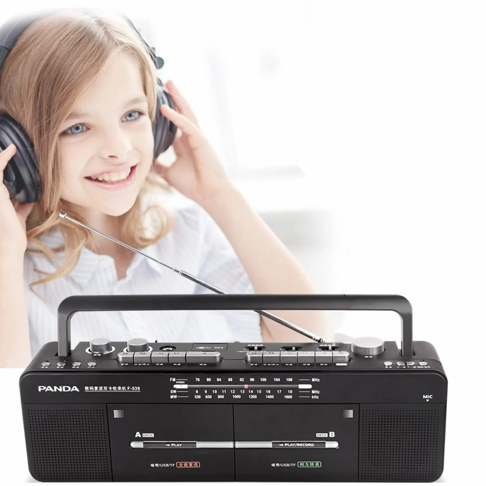 Nagrywarka kasetowa Boombox - radio AM/FM, odtwarzacz z podwójną taśmą, odtwarzanie dysków MP3/U i kart TF, nagrywanie i transkrypcja jednym kliknięciem, klasyczny design