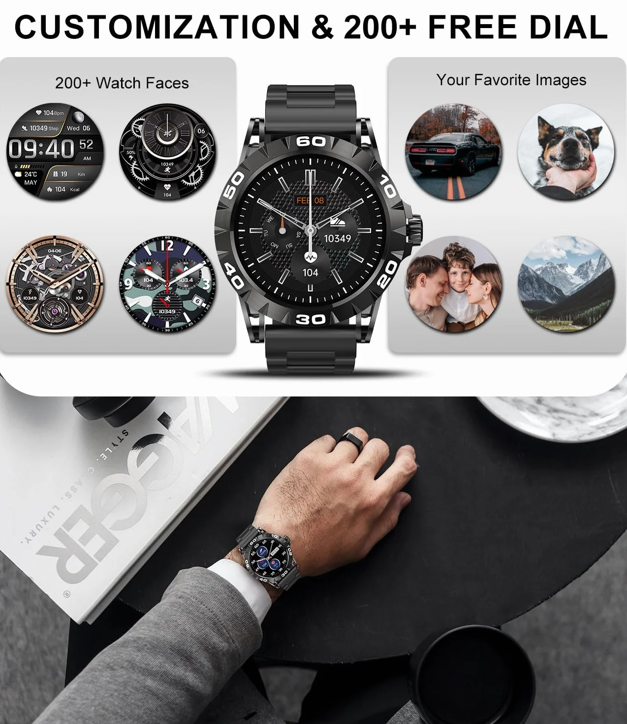 Męski Smartwatch z powiadomieniami o połączeniach, 1,39" HD męski zegarek dla Androida iOS asystent głosowy inteligentny zegarek męski z krokomierzem pomiaru tętna snu SpO2 21 trybów sportowych
