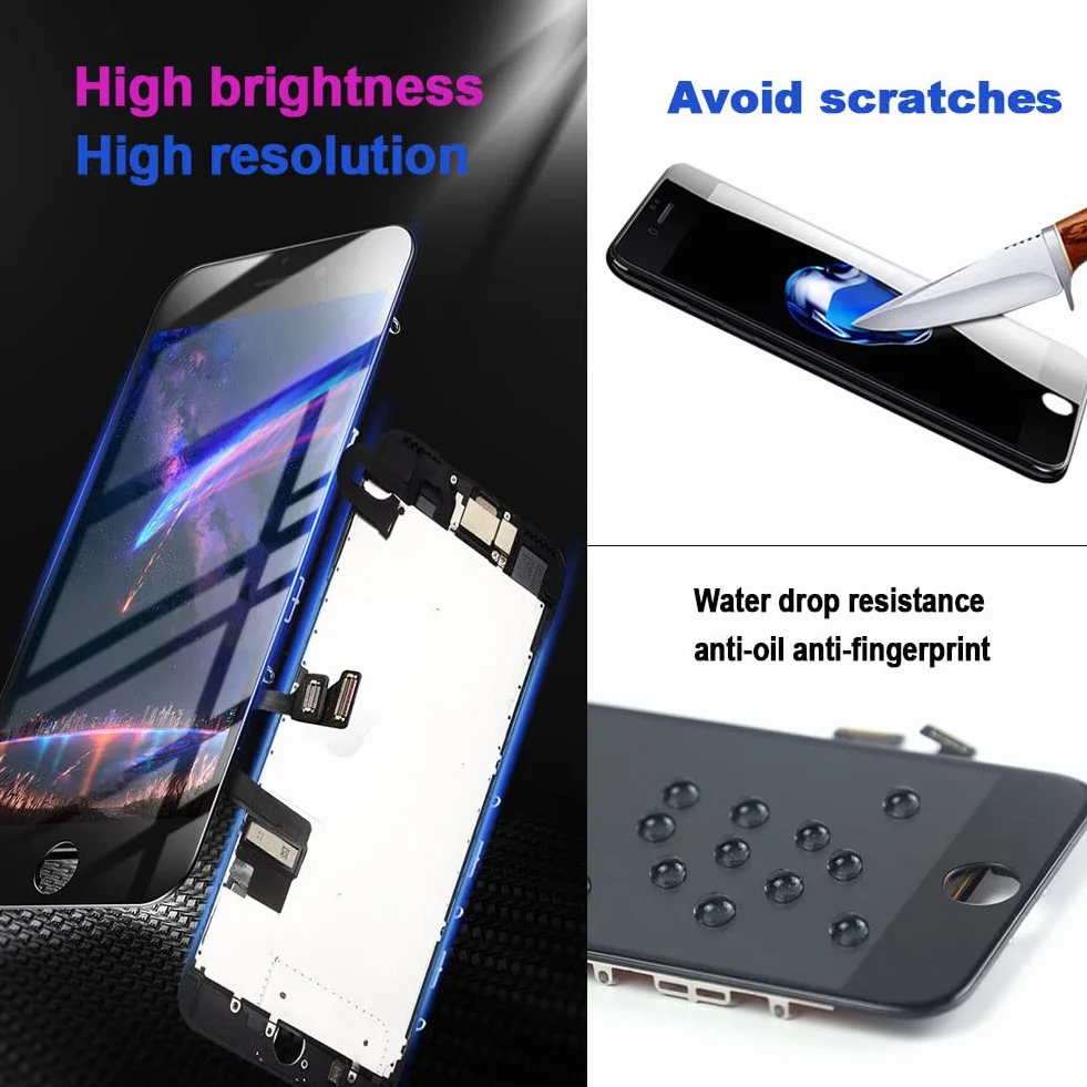 1 szt. do iPhone 7 4,7 cala zamiennik ekranu, czarny, ekran dotykowy LCD, kompletny wyświetlacz, z wodoodpornym klejem ze szkła hartowanego i zestawem narzędzi naprawczych (czarny, dla iPhone 7 (A1660, A1778, A1779))