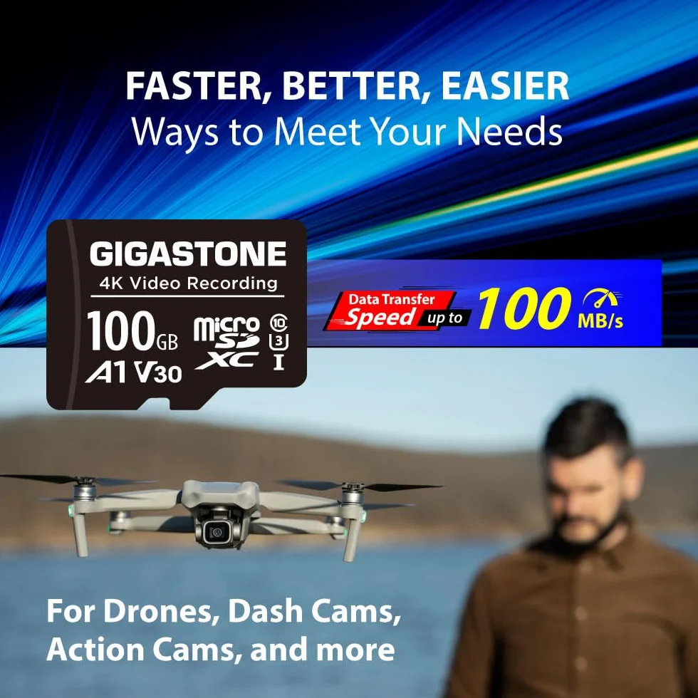 GIGASTONE Karta micro SD A1 V30 4K 100 GB, nagrywanie wideo, kompatybilna z kamerą bezpieczeństwa, kamerą pokładową, dronem, kartą pamięci microSDXC 100 MB/s UHS-I z adapterem