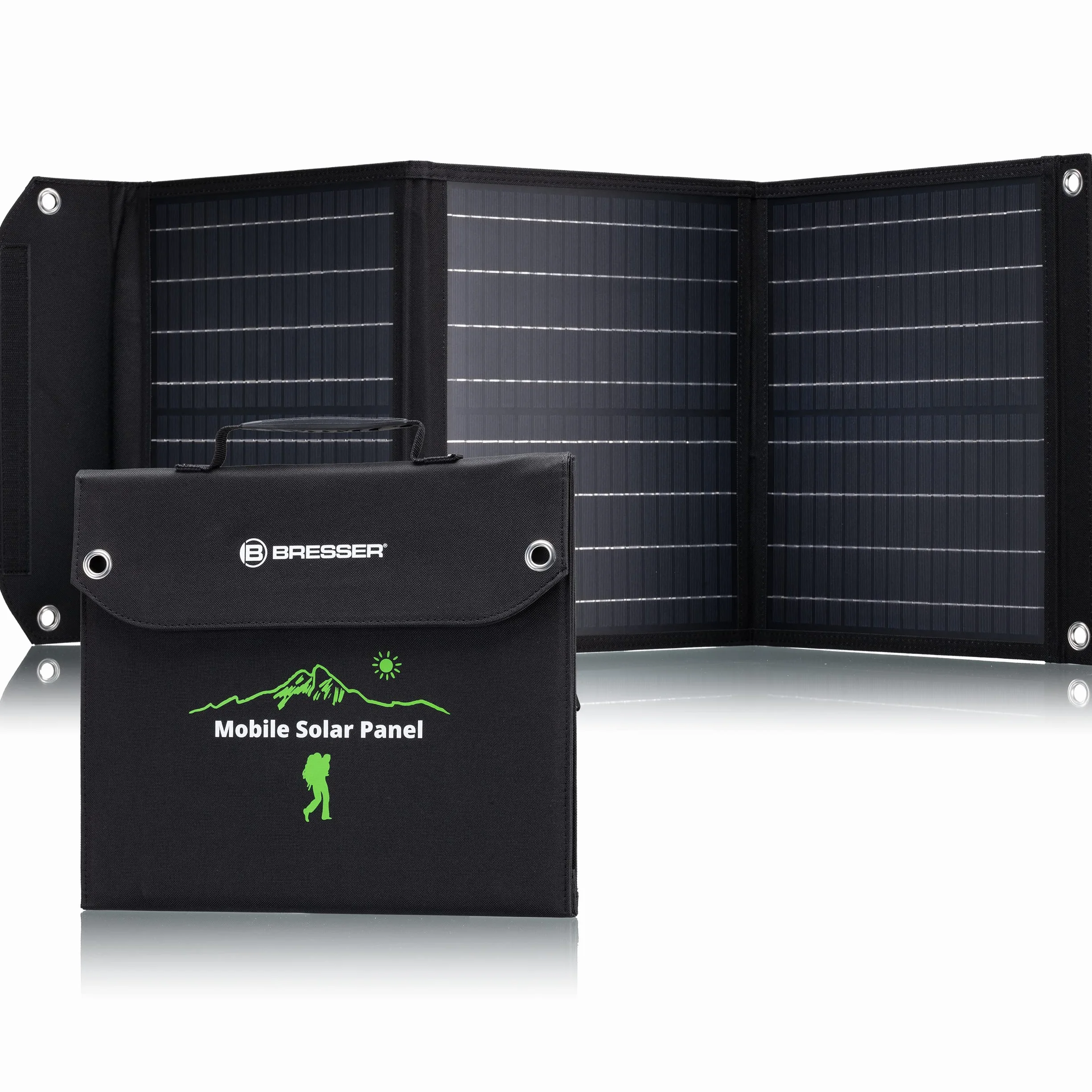 Bresser Ładowarka solarna 40 W z 1 portami DC i 3 portami USB-A wraz z gniazdem USB A z QC3.0 do szybkiego ładowania, panel słoneczny jako ładowarka do smartfonów, powerbanków itp. | 3 porty USB A z QC3.0, wyjście DC 18 V z adapterami, ogniwa monokrystali