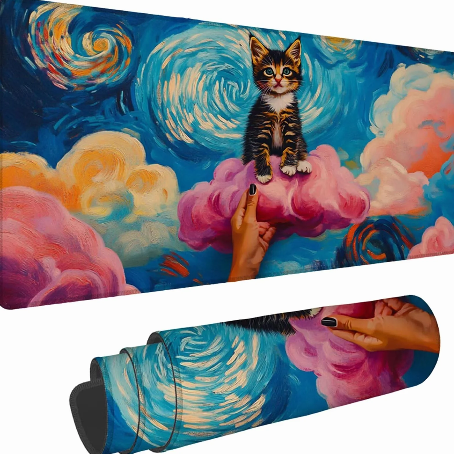 Gamingowa podkładka pod mysz 1200 x 600 x 3 mm, XXL, wodoszczelna, odporna na ścieranie, ze zszytymi krawędziami, podkładka na biurko, poprawia prędkość i precyzję, pod laptopa, komputera, wzór kota