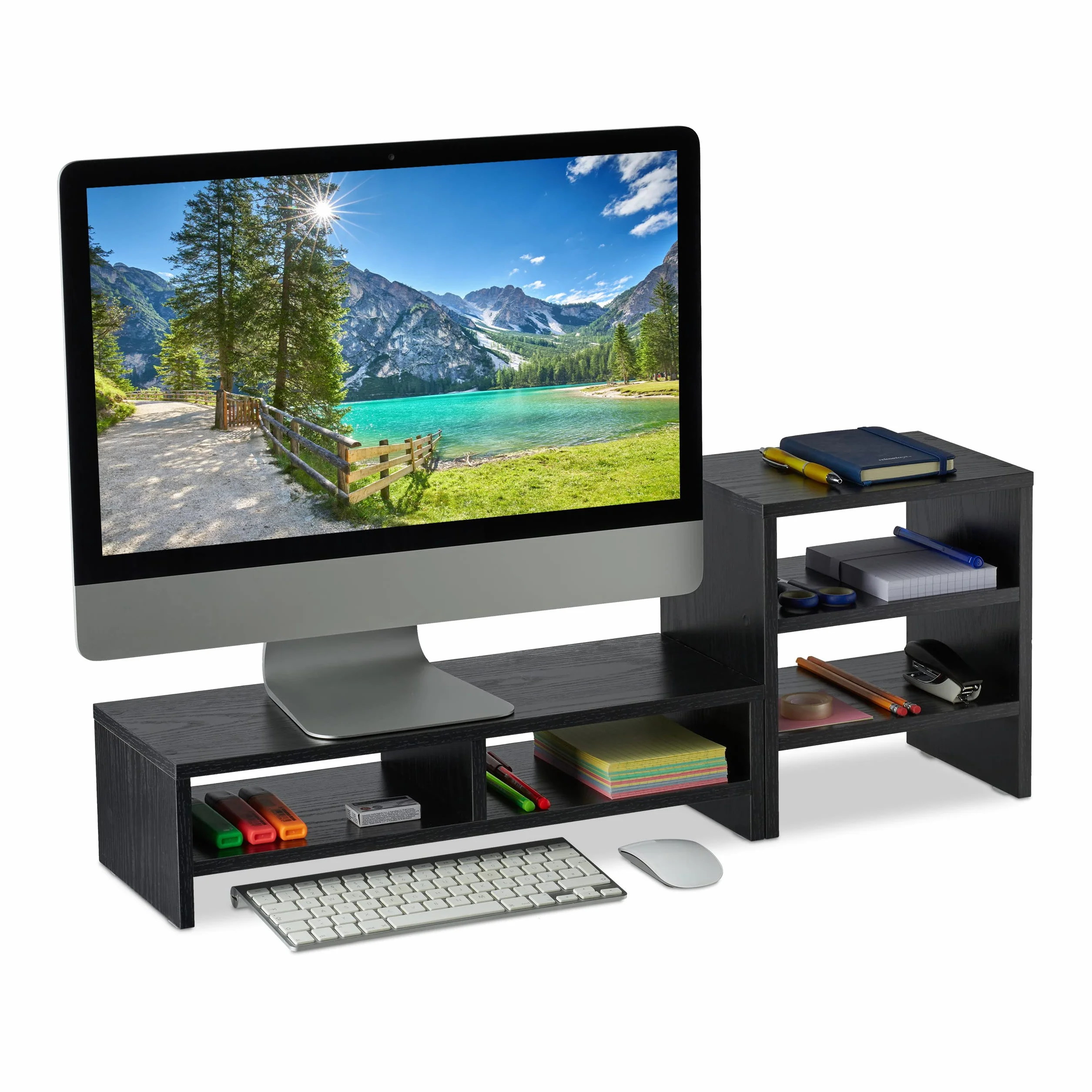Relaxdays Stojak na monitor z półkami, 2 części, organizer, półka na laptopa na biurko, podwyższenie biurka, czarny, 1 sztuka