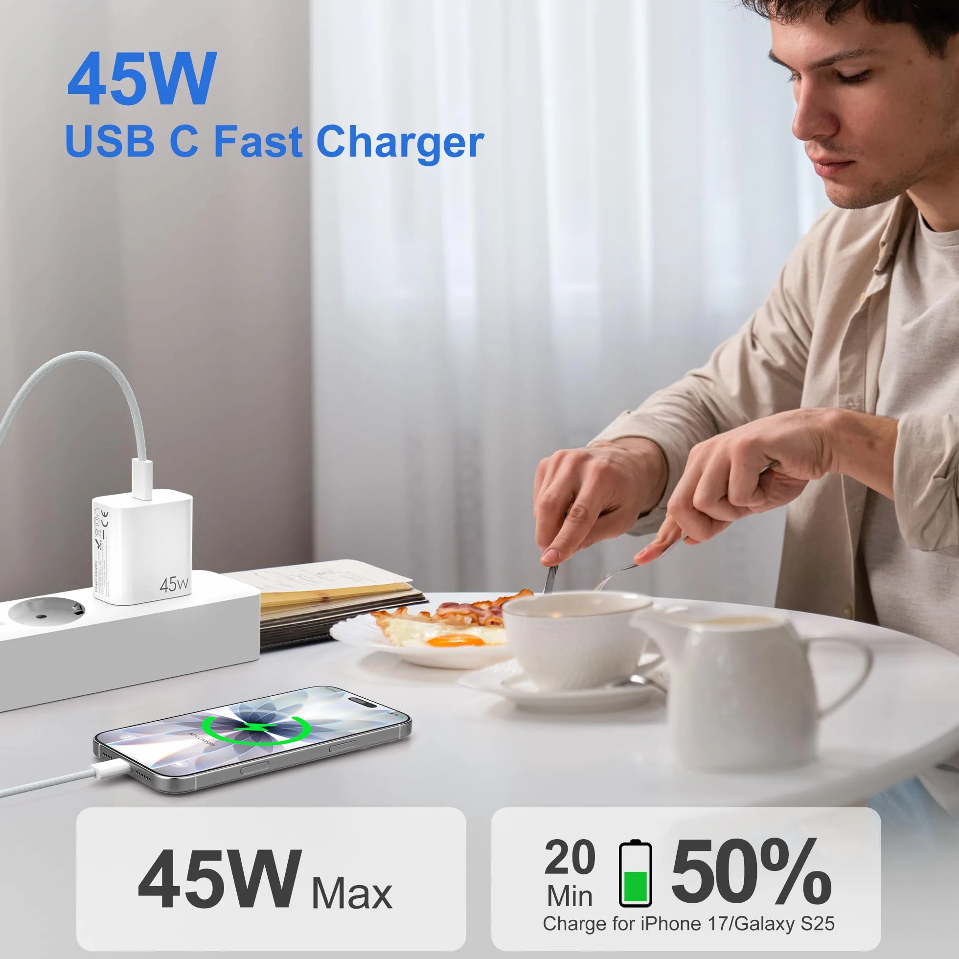 YISH 45W USB-C Szybka Ładowarka - GaN PD3.0 Wtyczką USB-C Zasilacz USB Typ C Fast Charger, Kompaktowa do Smartfonów 17/16/15 Pro MAX/S25/S24/S23, Szybka Ładowarka z Wtyczką, USBC Kabel 60W 1 m