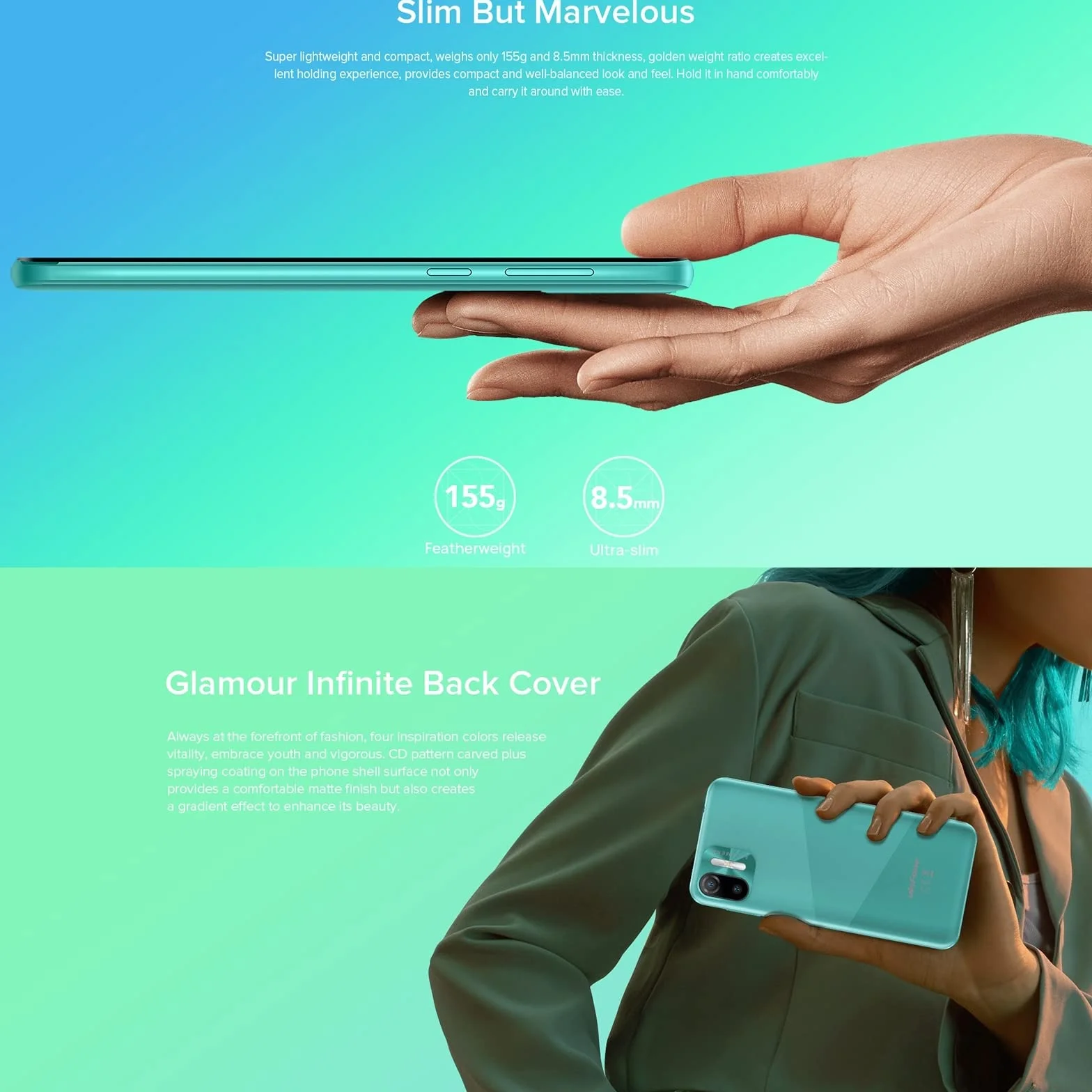 Ulefone Smartfon 4G bez umowy, Note 6(P), 8,5 mm, ultra cienki dual SIM, ekran HD 6,1", 3 gniazda na karty, Android 11 Go, 2 GB + 32 GB, aparat 8 MP + 5 MP, odblokowanie