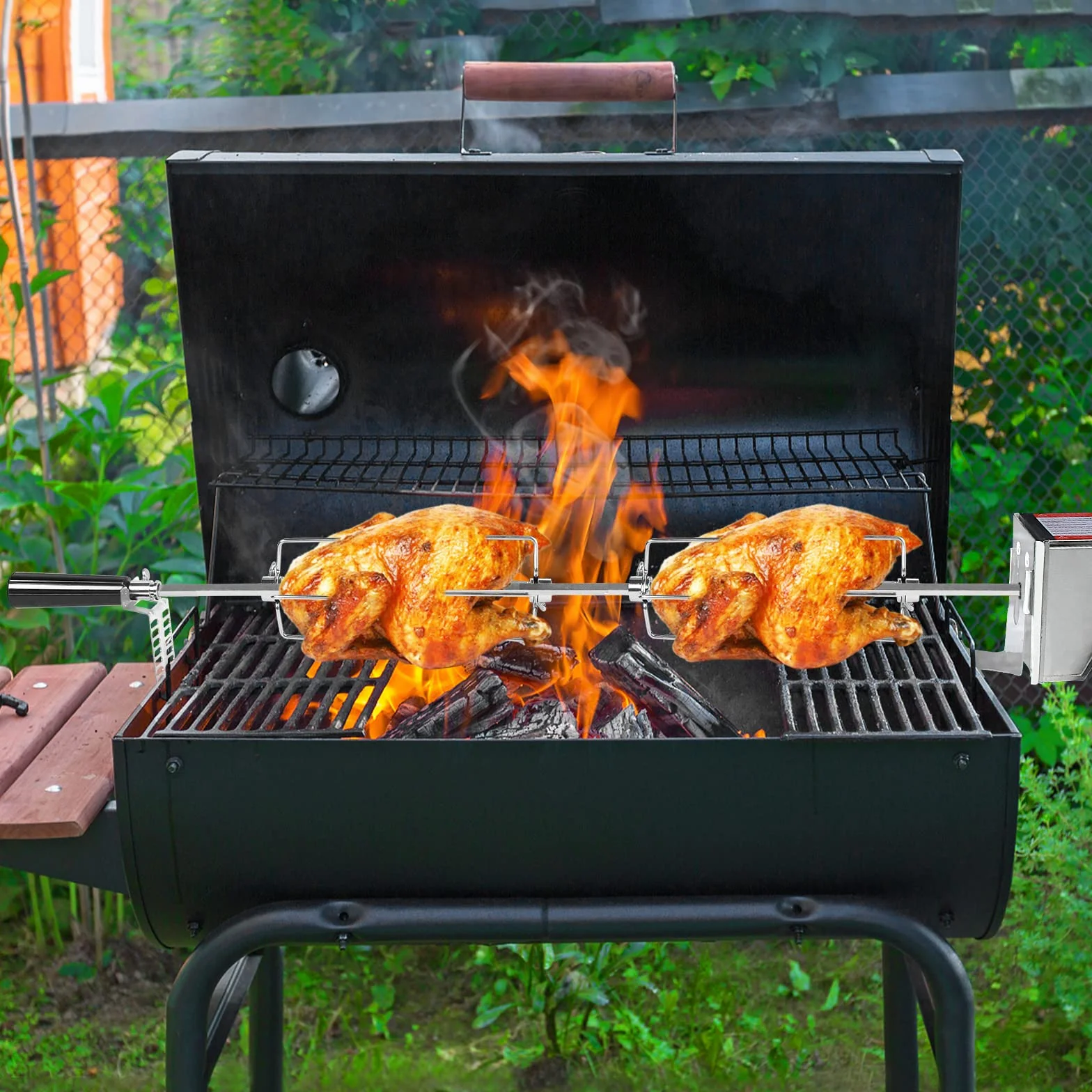 Rotisserie rożen do grilla gazowego, 107 cm, ze stali nierdzewnej, z 4 igłami do mięsa, uniwersalne zastosowanie, silnik elektryczny 220 V – 240 V, do grilla gazowego