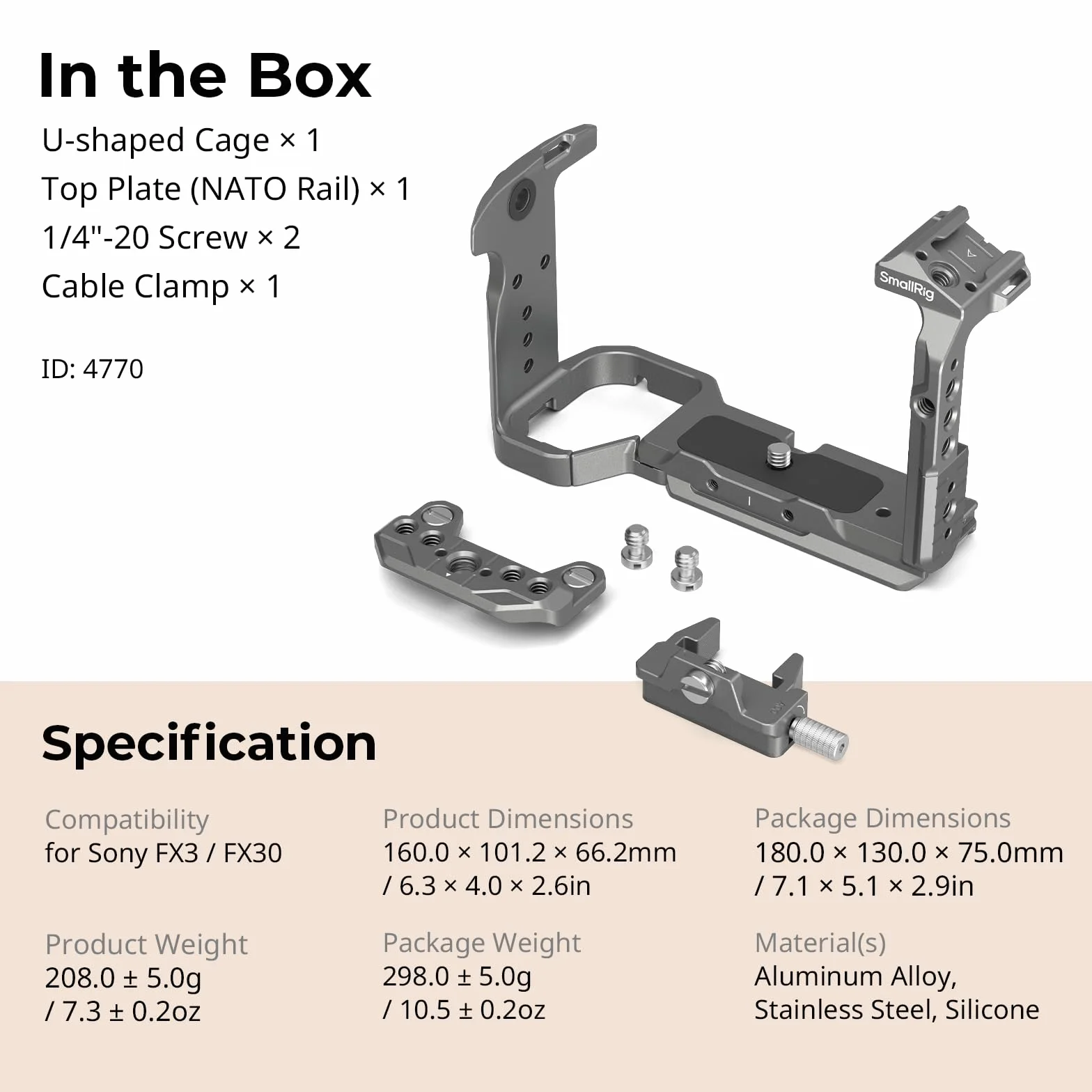SMALLRIG FX3 / FX30 HawkLock Quick Release Camera Cage Kit dla Sony z Uchwytem na Kabel, Wbudowanym Uchwytem QR Cold Shoe NATO Rail/QR Plate dla Arca, Kompatybilny z Oryginalną Rękojeścią XLR - 4770