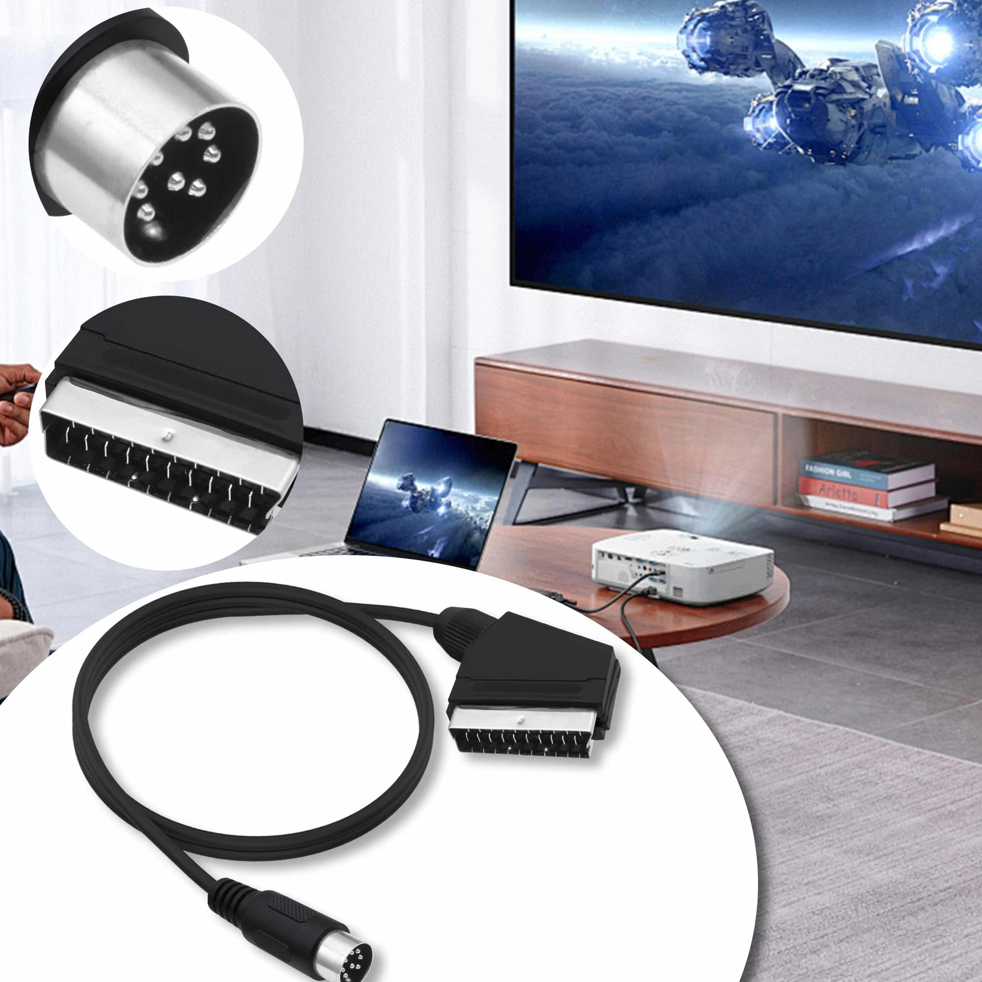 8 pinów Din do SCART kabel prowadzący do konsoli do gier 21 pin RGB SCART męski do DIN 8 pinów męski wtyk AV kabel audio video adapter kabel prowadzący do konsoli do gier, TV, monitora, 1,8 m