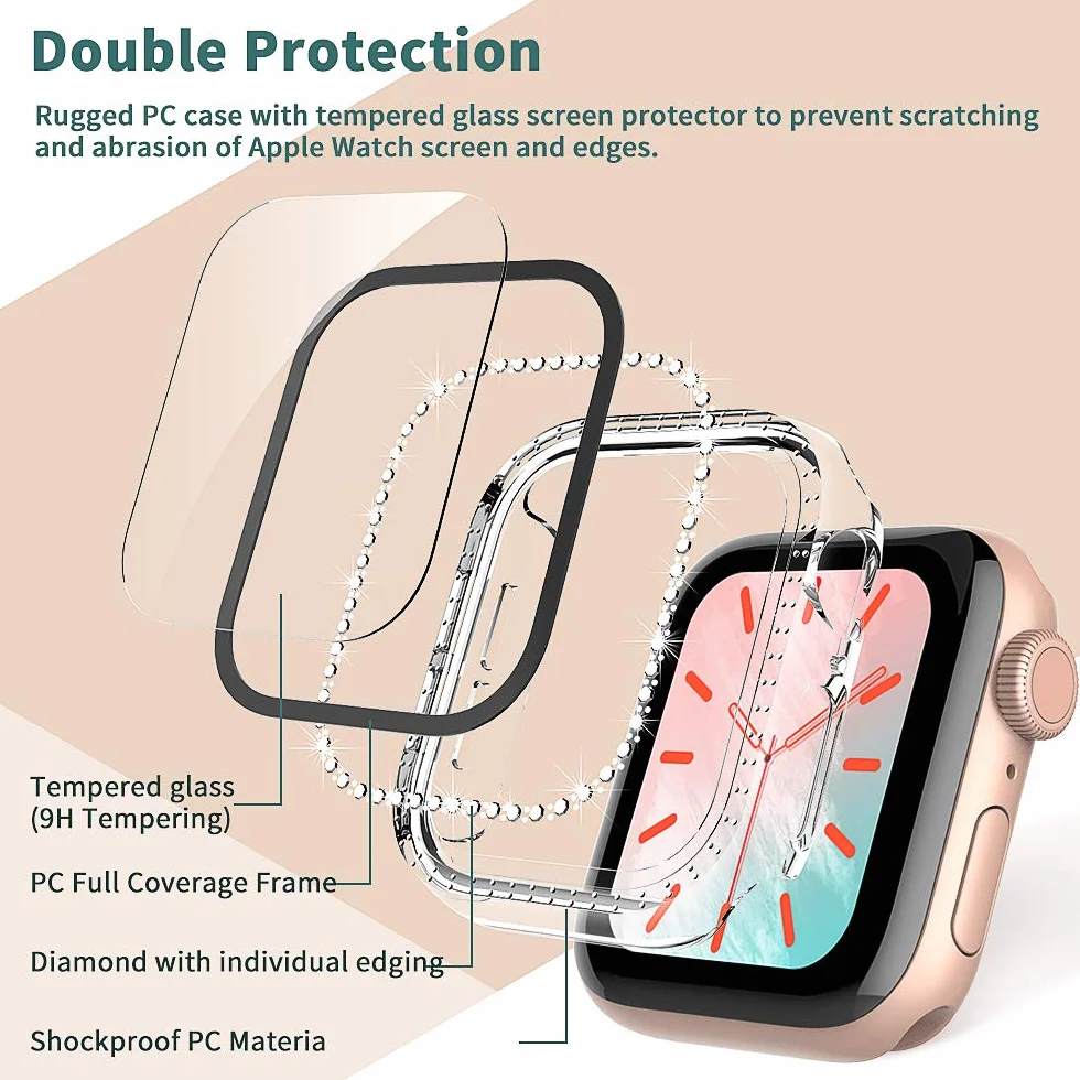 TOCOL 2-pak etui kompatybilne z Apple Watch Series 6/5/4/3/2/1/SE, osłona ekranu ze szkła hartowanego, diamentowa osłona twarzy
