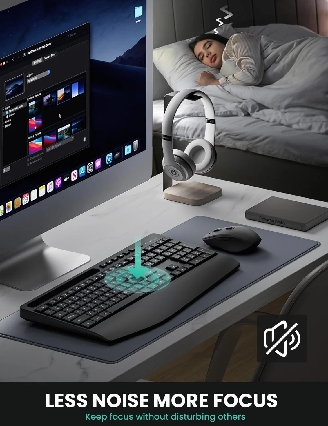 LIZRROT Ergonomiczna bezprzewodowa klawiatura i mysz 2,4 GHz, cichy, podpórka pod nadgarstek, uchwyt na telefon, kompatybilny z Windows, PC, laptopami