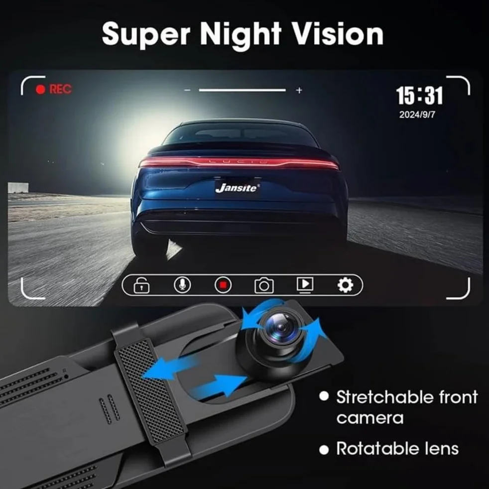 Kamera lusterkowa montaż paskowy 10 cali 4K przód 2K tył, wodoodporna kamera cofania WiFi GPS ADAS, widzenie WDR tryb parkowania nagrywanie pętli audio ukryte przewody