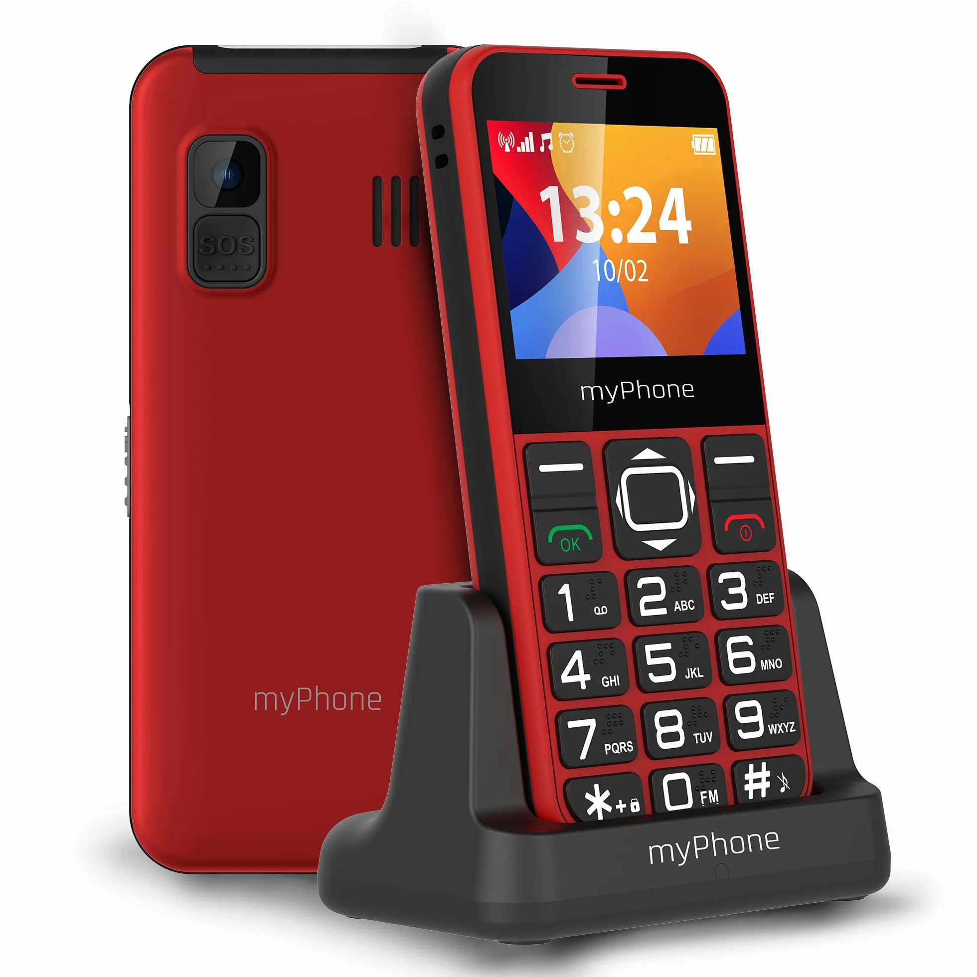 MP myPhone Halo 3 klasyczny telefon dla seniora babci dziadka z bazą ładującą, przycisk SOS, duże klawisze, duży wyświetlacz 2,3 cala, fotokontakty, aparat, przycisk SOS - czerwony