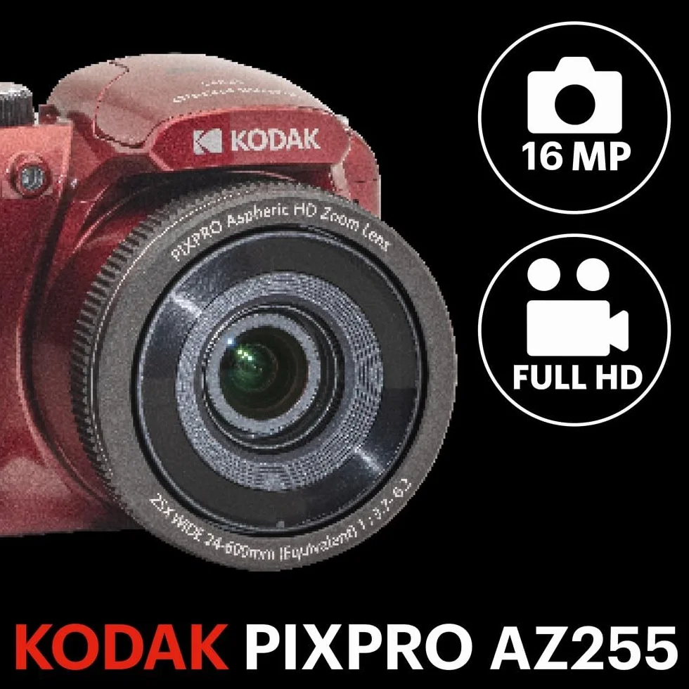 KODAK Pixpro Astro Zoom AZ255 + karta pamięci SD 32 GB - aparat cyfrowy 16 MP, 25-krotny zoom, wideo HD 1080p, szeroki kąt 24 mm, ekran LCD 3, bateria AA - czerwona