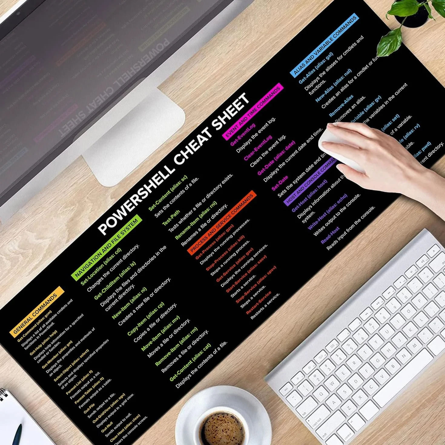 Designfullprint PowerSell ściągawka, PowerShell dla początkujących podkładka pod mysz prezenty wystrój biura domowego | prezent współpracownik | szybki klucz, duża antypoślizgowa podkładka pod