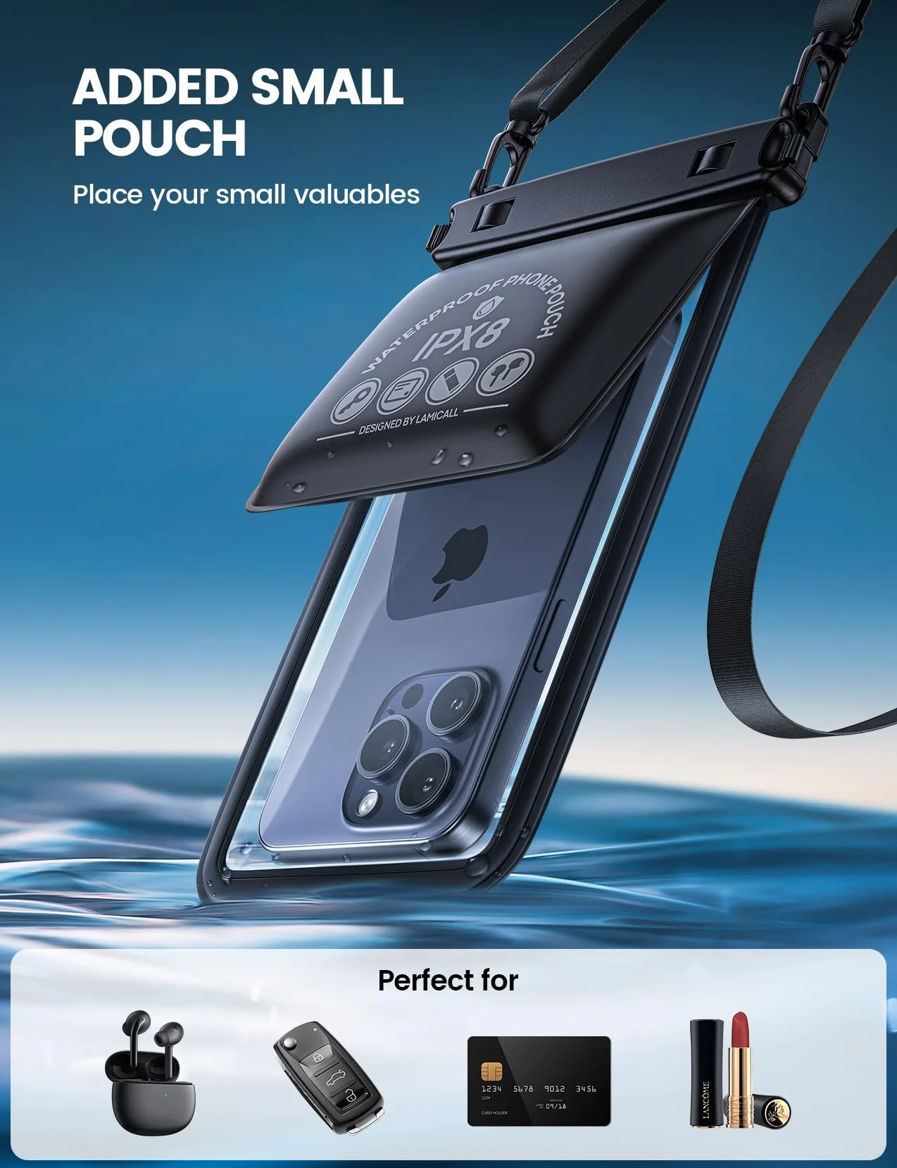 Lamicall wodoodporna torba na telefon IPX8 - [Projekt dwupoziomowy] 7,5-calowa wodoodporna otoczka podwodna do pływania, sucha torba z lanyardem do iPhone 16 15 14 13 12 11 serie,pasuje do 7,5”