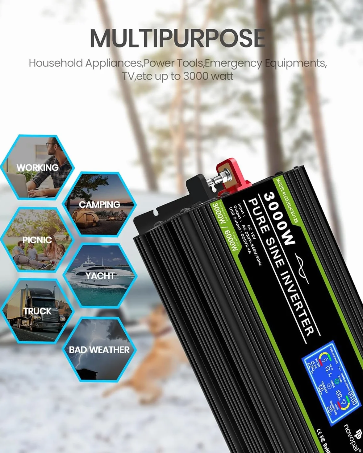 NOVOPAL Falownik samochodowy 3000 W, przetwornica napięcia 12 V, 230 V, czysty sinus z wyświetlaczem LCD i złączem USB + gniazda 2 AC + pilot zdalnego sterowania