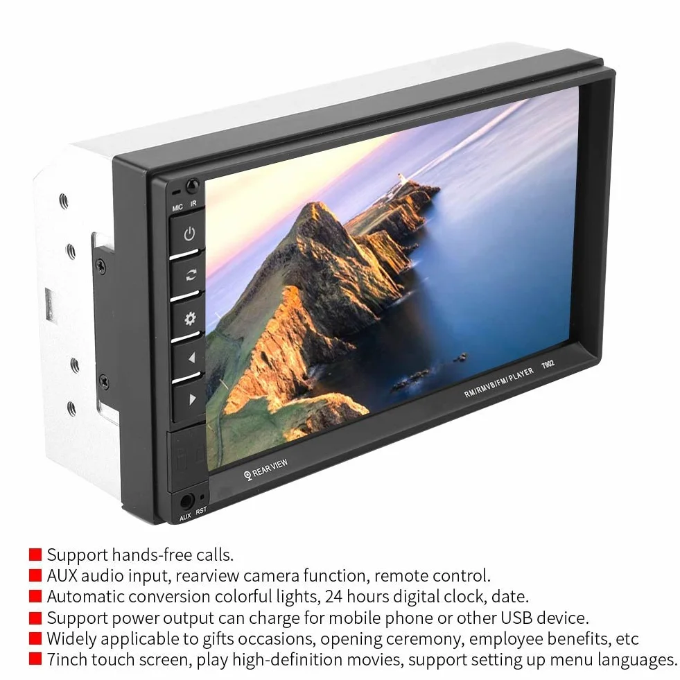 7-calowy samochodowy odtwarzacz MP5 Double Din z ekranem dotykowym, multimedialny odtwarzacz stereo z Bluetooth, radiem FM, ładowanie USB, wejście Aux, obsługa kamery zapasowej, pilot zdalnego