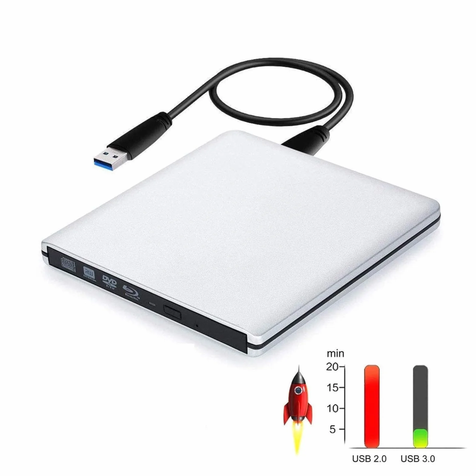 Ultracienki zewnętrzny napęd optyczny z nagrywaniem płyt Blu-Ray 4K, USB 3.0, odtwarzaniem DVD i odczytem/zapisywaniem filmów Blu-Ray 3D