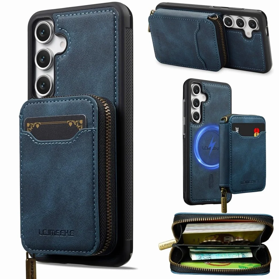 Generic etui kompatybilne z Samsung Galaxy S24 FE (kolor: ciemnoniebieski) magentny portfel pokrowiec na zamek błyskawiczny skórzany tył silikonowe etui z klapką