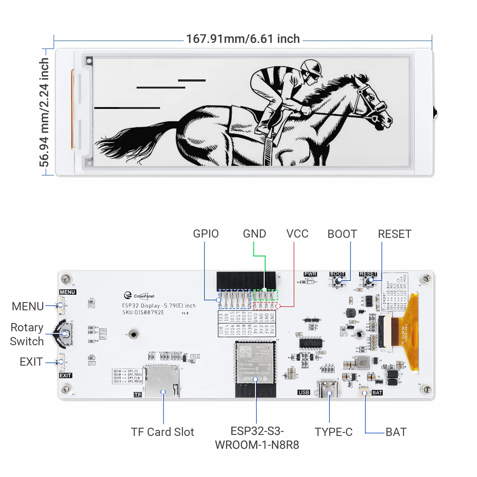 ELECROW ESP32 Wyświetlacz E-Ink 14,7 cm (5,79 cala), CrowPanel E-Paper HMI Wyświetlacz Kompatybilny z Arduino IDE, E Ink Ekran z Rozdzielczością 272x792 Koloru Czarno-Białego, Sterowany przez