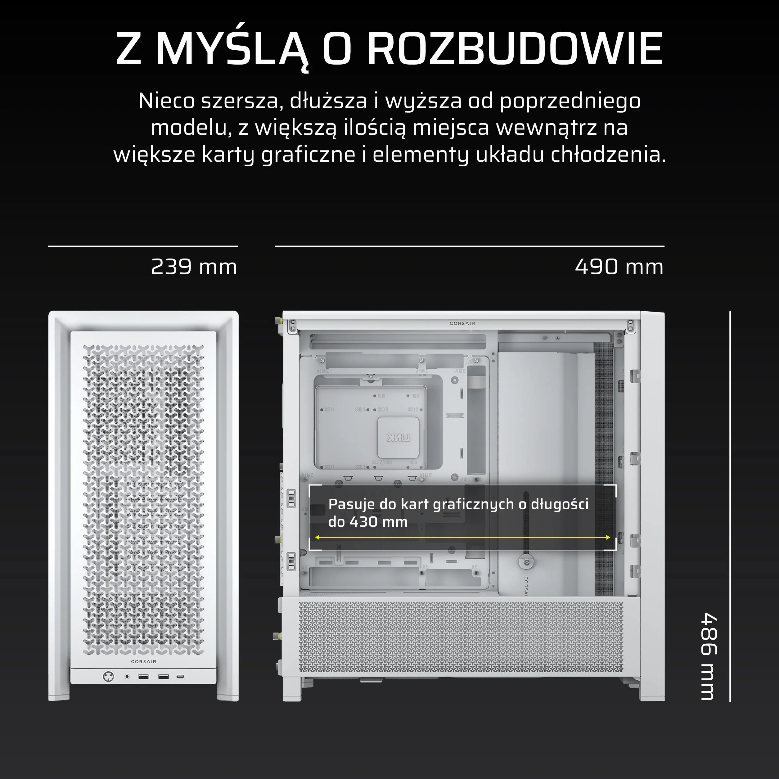 CORSAIR Modułowa obudowa PC 4000D RS Frame High Airflow Mid-Tower PC - 3 x wentylatory CORSAIR RS - system montażu wentylatora InfiniRail™ - pasuje do wielu grzejników 360 mm - kompatybilna z płytą