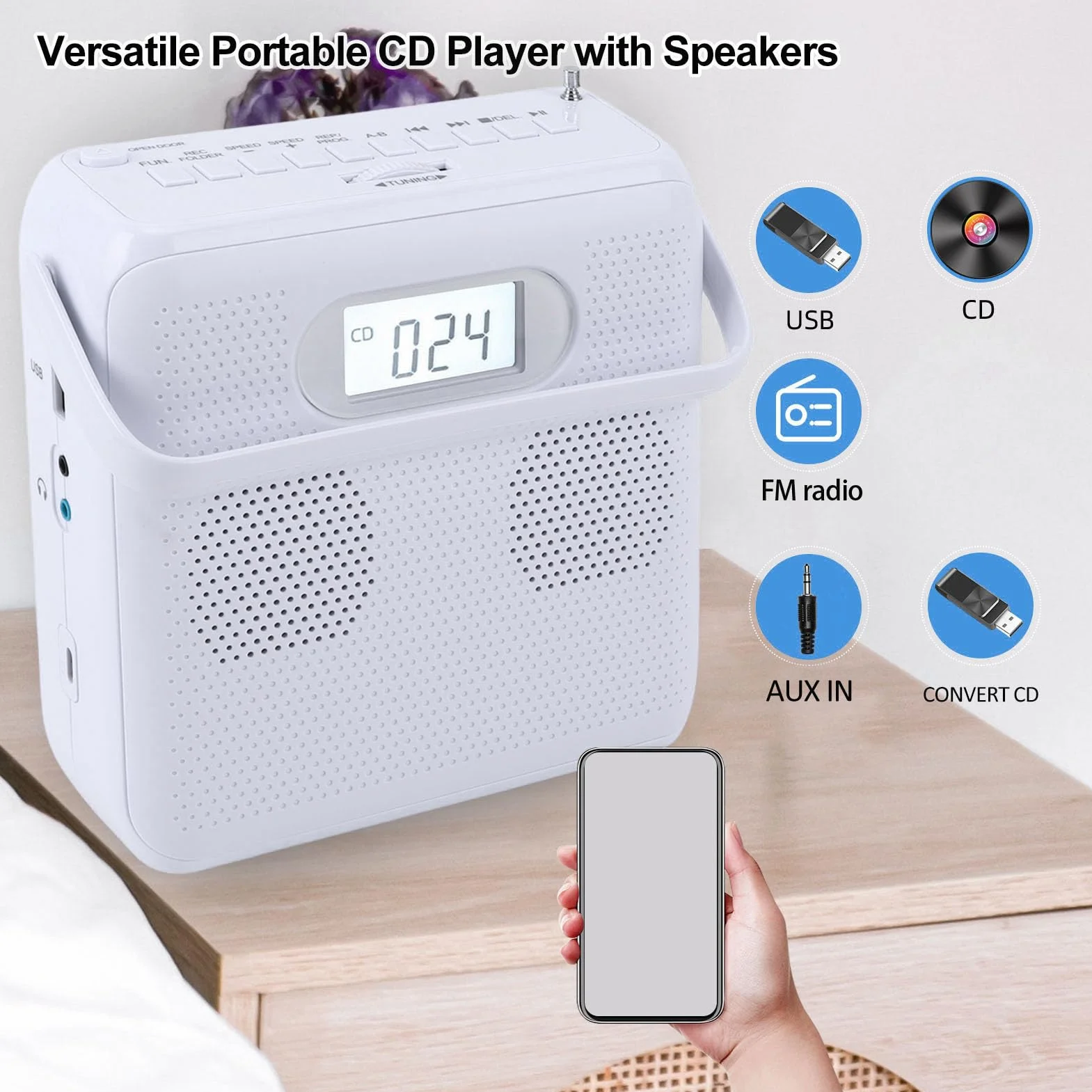 Sxhlseller Przenośny Odtwarzacz CD z Nadajnikiem Bluetooth i FM, Podwójne Głośniki HiFi, Zasilanie USB, Kompaktowy Uchwyt dla Kolekcjonerów Płyt CD, Właściciele Starych Samochodów,
