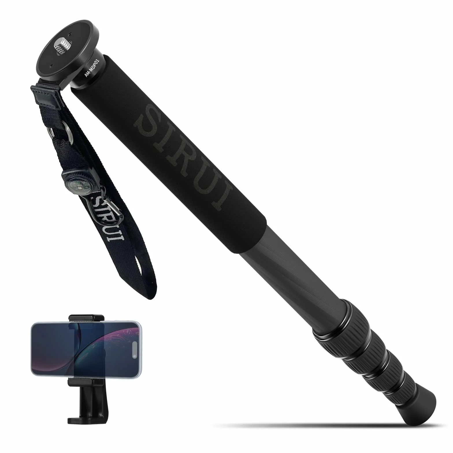 SIRUI Monopod z włókna węglowego do aparatu, kompaktowy, lekki monopod do podróży, 6 sekcji, obciążenie 10 kg, w zestawie uchwyt na telefon (AM-MDP01)