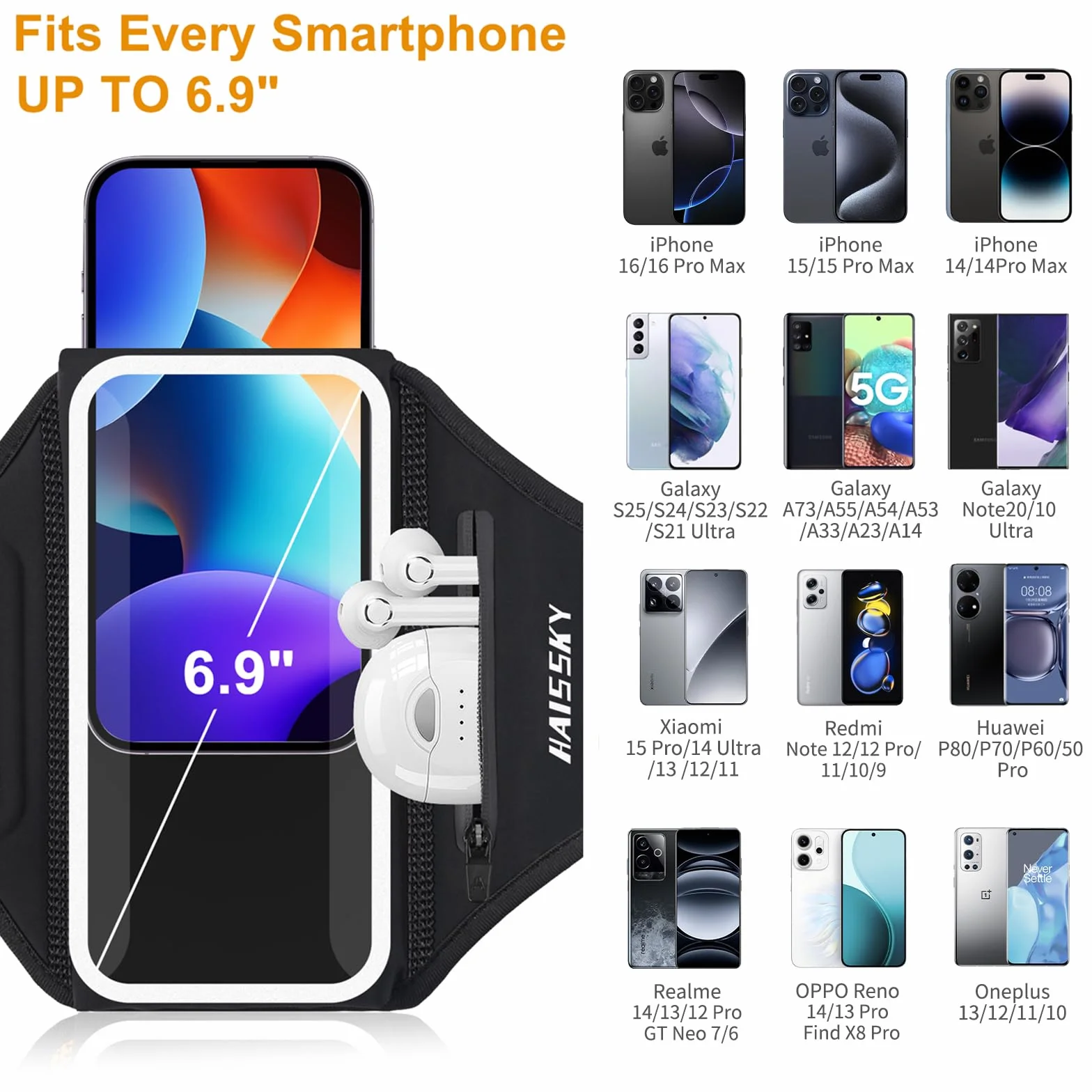 Sportowa opaska do biegania z torbą na słuchawki, regulowany uchwyt na telefon komórkowy do biegania do iPhone'a 17 Pro MAX 16 Pro 15 14 13 Plus, Galaxy S25 Ultra S24 S23 S22, do 6,9"