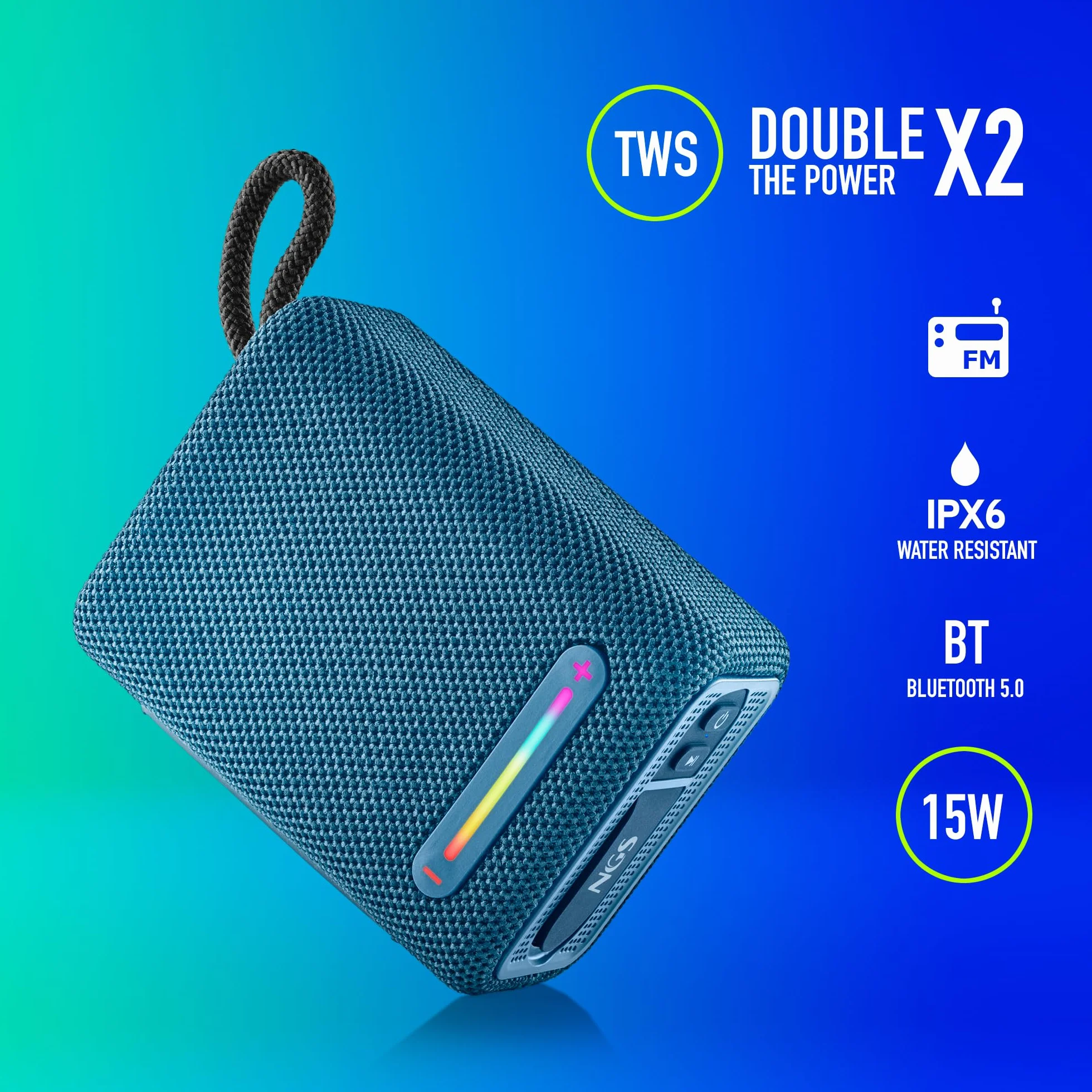 NGS Roller Furia 1 Blue przenośny głośnik z technologią Bluetooth, światła RGB, wodoszczelność IPX6, 15 W, True Wireless, USB, czas pracy baterii 9 godzin, niebieski