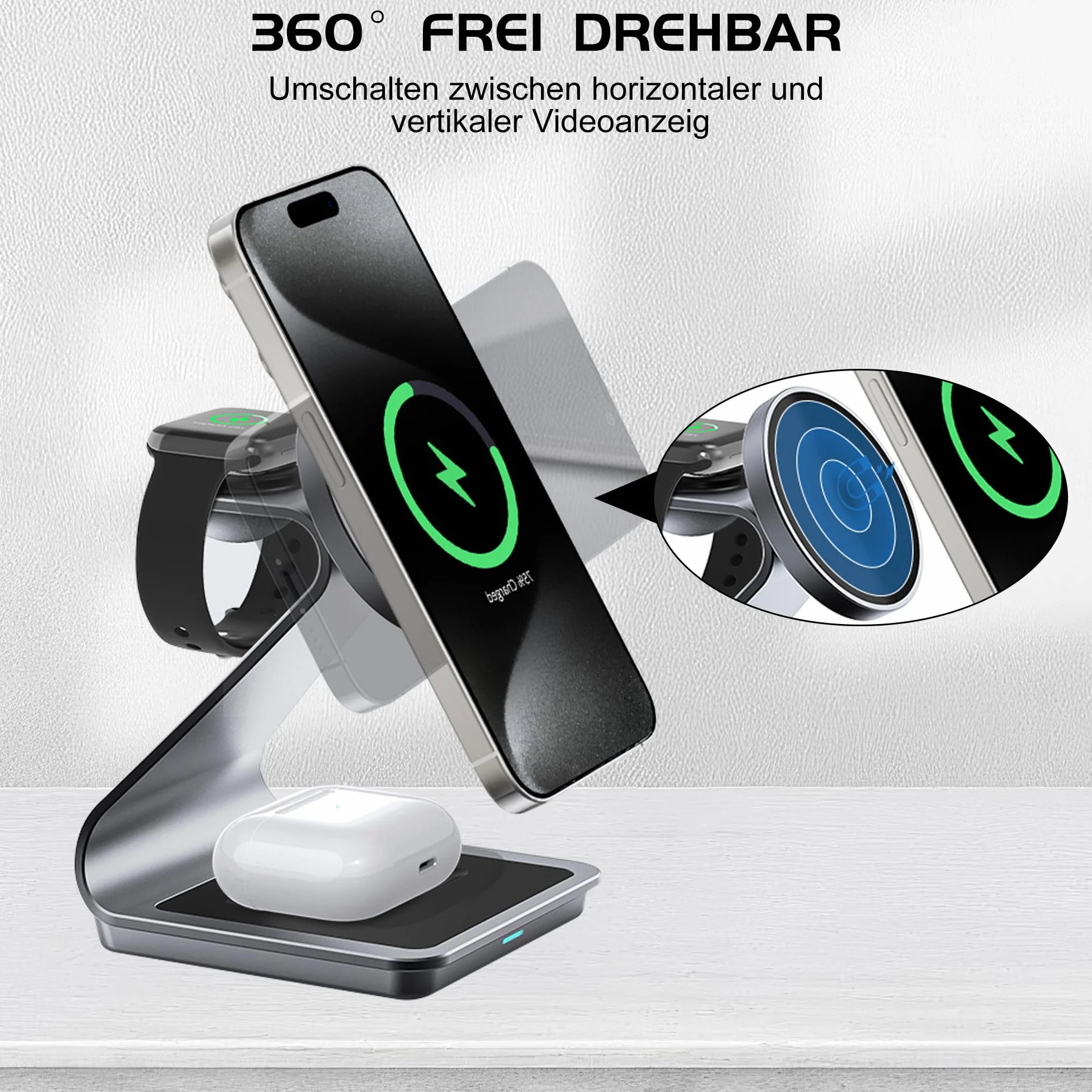 Magnetyczna bezprzewodowa stacja ładująca 3 w 1, stojak na ładowarkę JE do iPhone'a serii 16/15/14/13/12, do Apple Watch 8/7/6/5/4/3/2/SE, AirPods 3/2/Pro