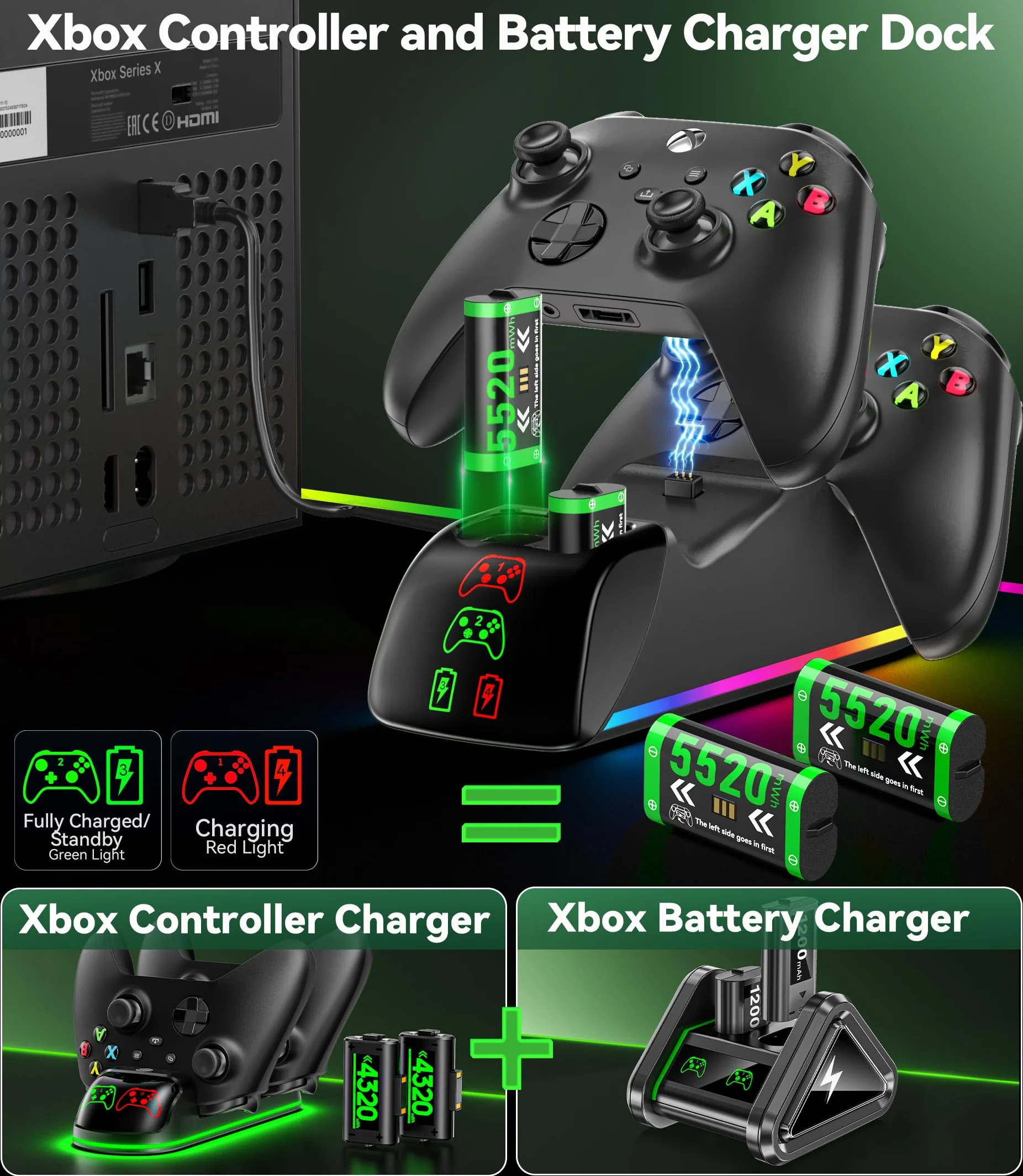 Stacja ładująca kontrolera Xbox z 4 x 5520 mWh akumulatorami do Xbox Series/One X|S, podwójna stacja ładująca RGB Xbox z kontrolerem X, akcesoria do kontrolerów gier