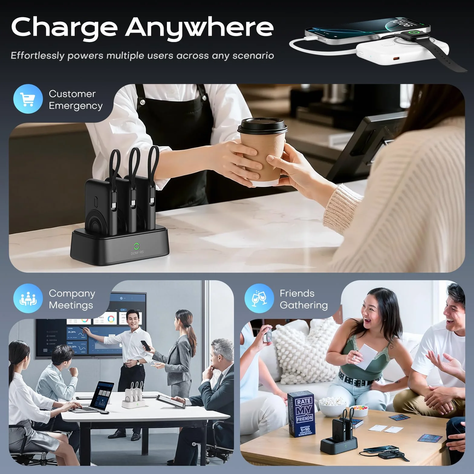 Power Bank Stacja ładująca 10000mAh, 3/6 porty, 22.5W Fast Charge, Powerbank z wbudowanymi kablami USB-C/Lightning/Micro, 15W Wireless, do iPhone Samsung Android, podróżny zestaw ładowania