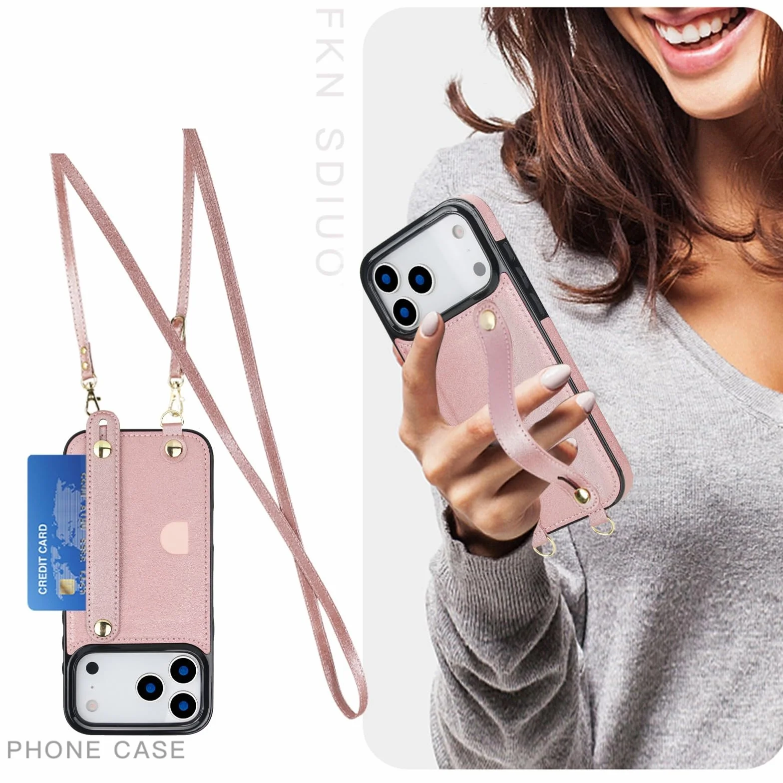Generic etui kompatybilne z iPhone 15 Pro (kolor: czarny) przegródka na karty skórzana silikonowa tylna obudowa pokrowiec pasek na ramię