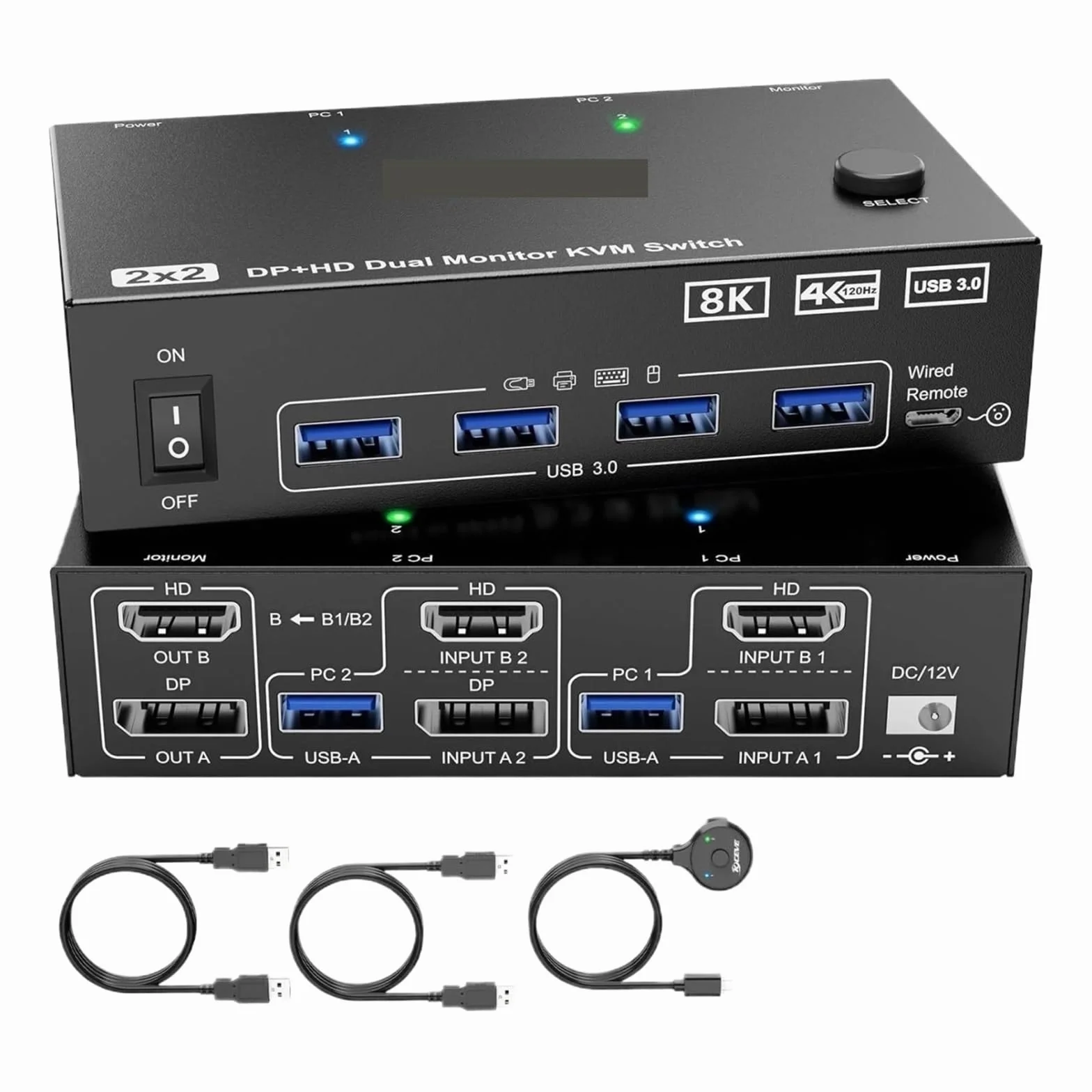 Konwertery wideo, Przełącznik KVM 4K@144Hz 2 monitory 2 komputery 8K@60Hz, KCEVE i Displayport Przełącznik KVM na dwa monitory z 4 portami USB 3.0